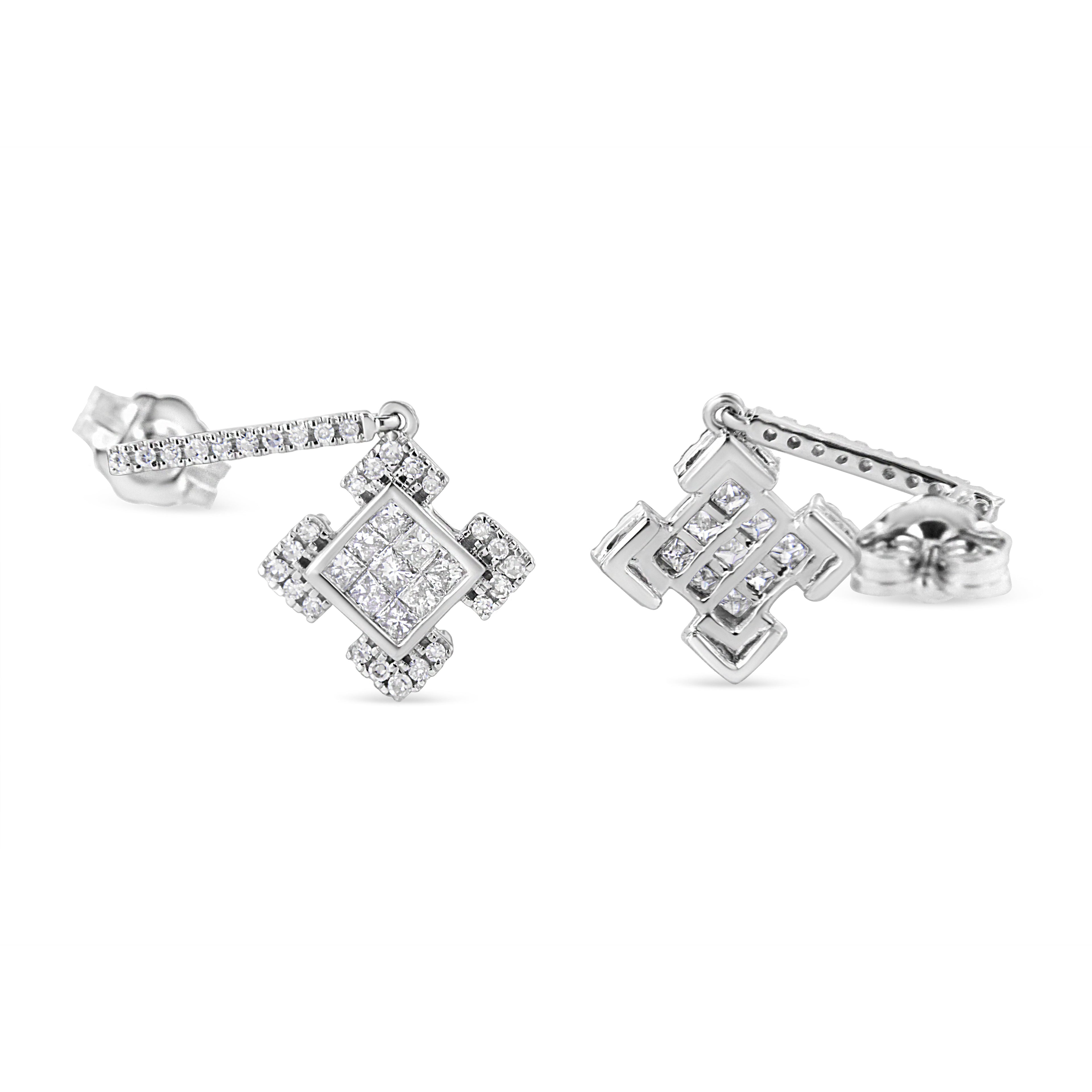 10K White Gold Princess and Round Diamond Geometric Composite Dangle Earrings