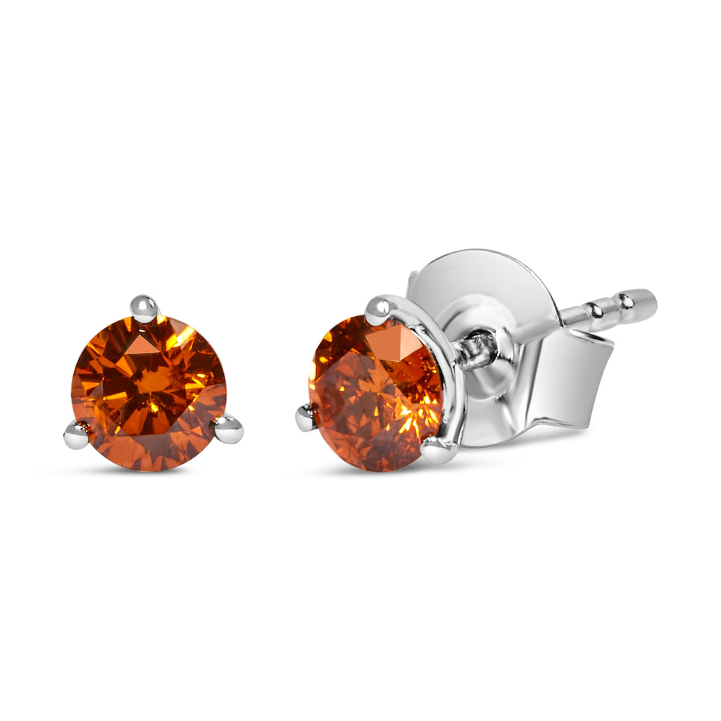 14K White Gold 1/2 Carat Total Weight Lab-Grown Round Brilliant-Cut Orange Diamond Classic 3-Prong Martini Set Stud Earrings (Orange Color, VS1-VS2 Clarity)