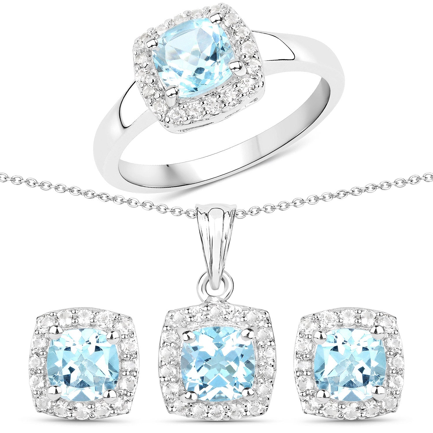 4.62 Carat Genuine Blue Topaz and White Topaz .925 Sterling Silver 3 Piece Jewelry Set (Ring, Earrings, and Pendant with Chain)