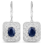 3.36 Carat Genuine Blue Sapphire and White Diamond .925 Sterling Silver Earrings