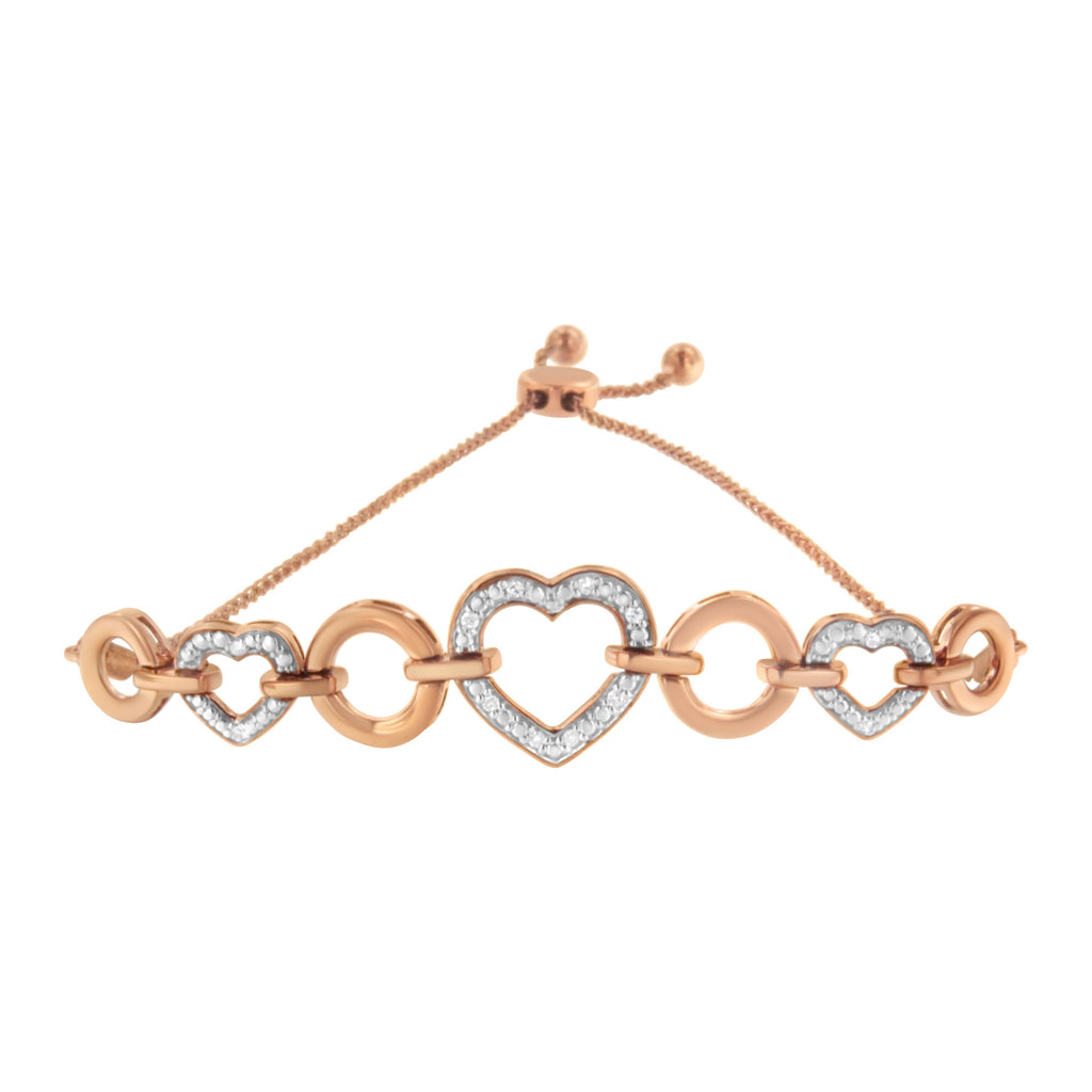 14K Rose Gold Plated .925 Sterling Silver Diamond Accent Circle and Heart Link Adjustable 6"-10" Bolo Bracelet (I-J Color, I3 Clarity)