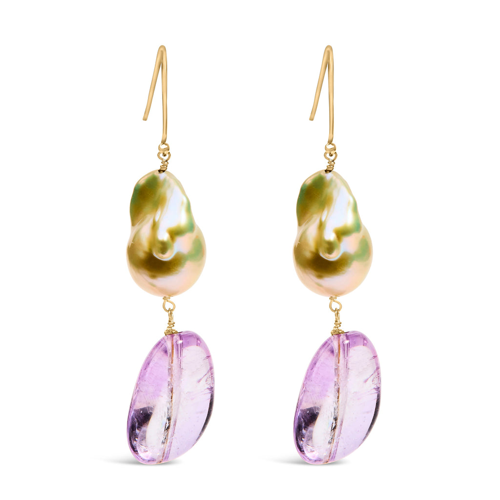 14K Yellow Gold Amethyst and Baroque Pearl Drop and Dangle Earrings 2" Dangle Length