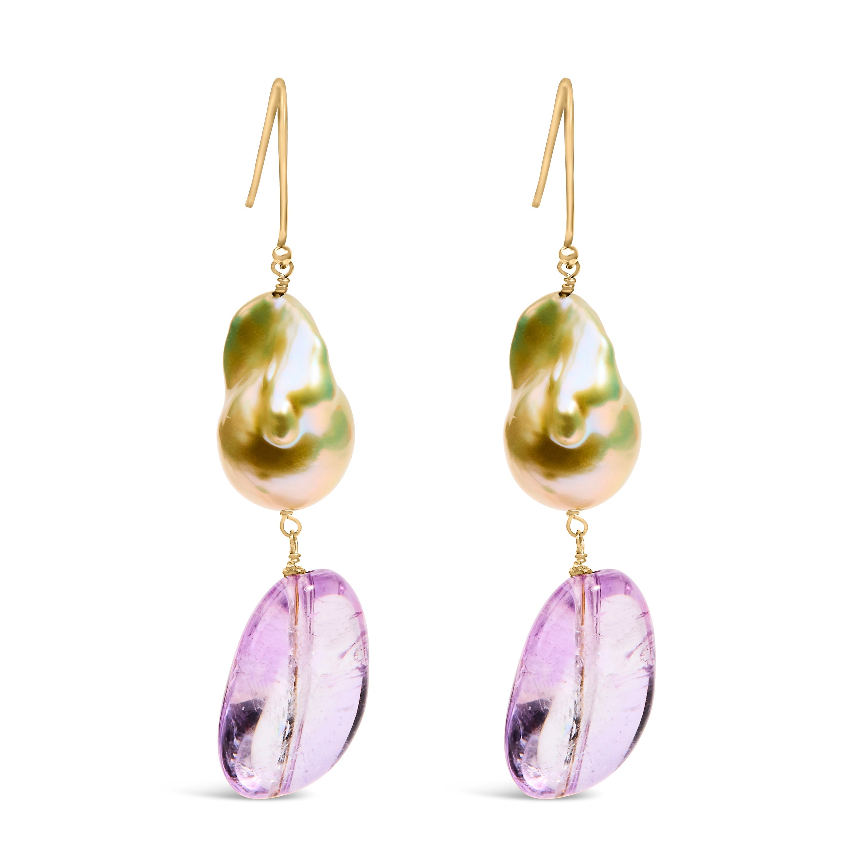 14K Yellow Gold Amethyst and Baroque Pearl Drop and Dangle Earrings 2" Dangle Length
