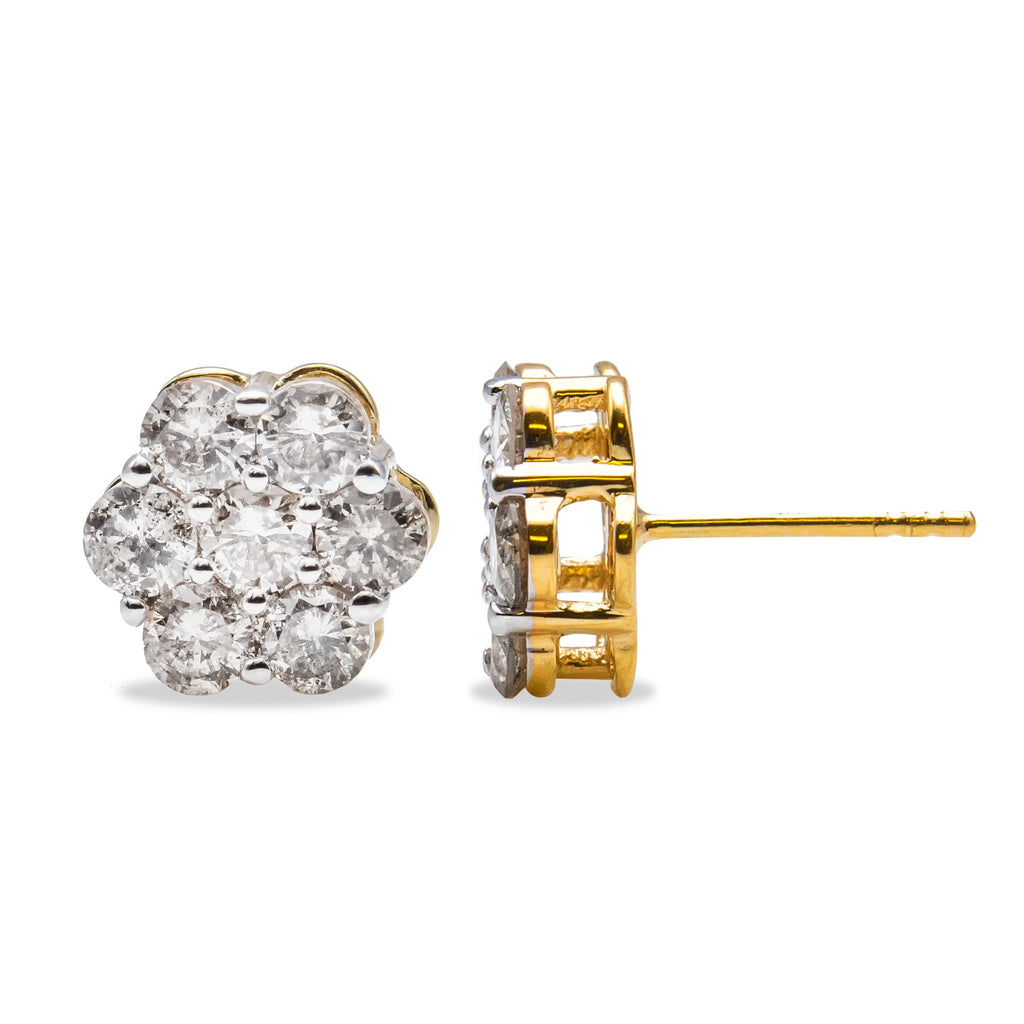 14K Yellow Gold 2.0 Cttw Diamond Floral Cluster Stud Earrings with Screw Backs (H-I Color, SI1-SI2 Clarity)