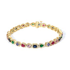 14K Yellow Gold Multi-Gemstone and Diamond Halo Rainbow Tennis Bracelet