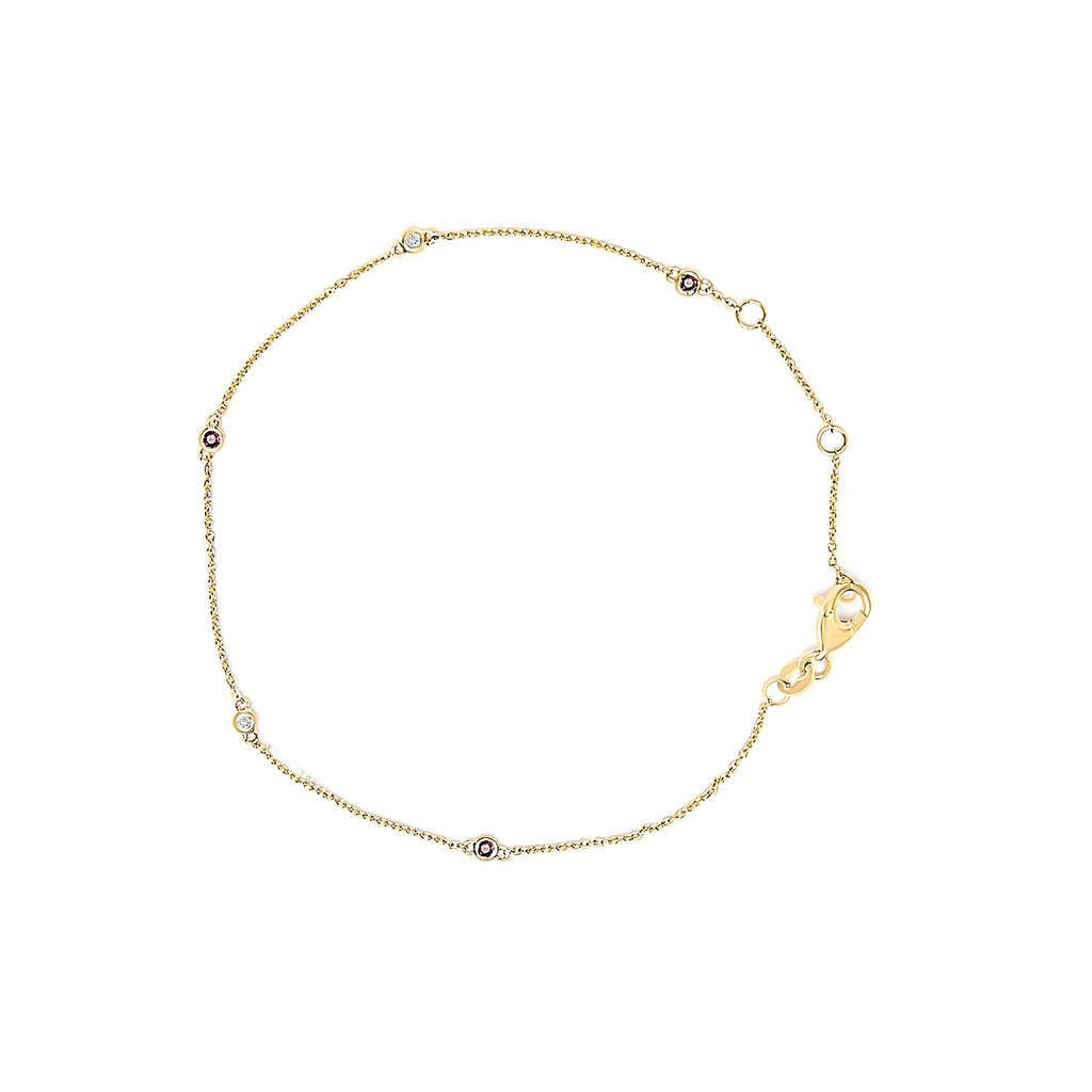 14K Yellow Gold Alternating Red Ruby and White Diamond Bezel Station Chain Bracelet (I-J Color, SI2-I1 Clarity) - 7.5" Inches