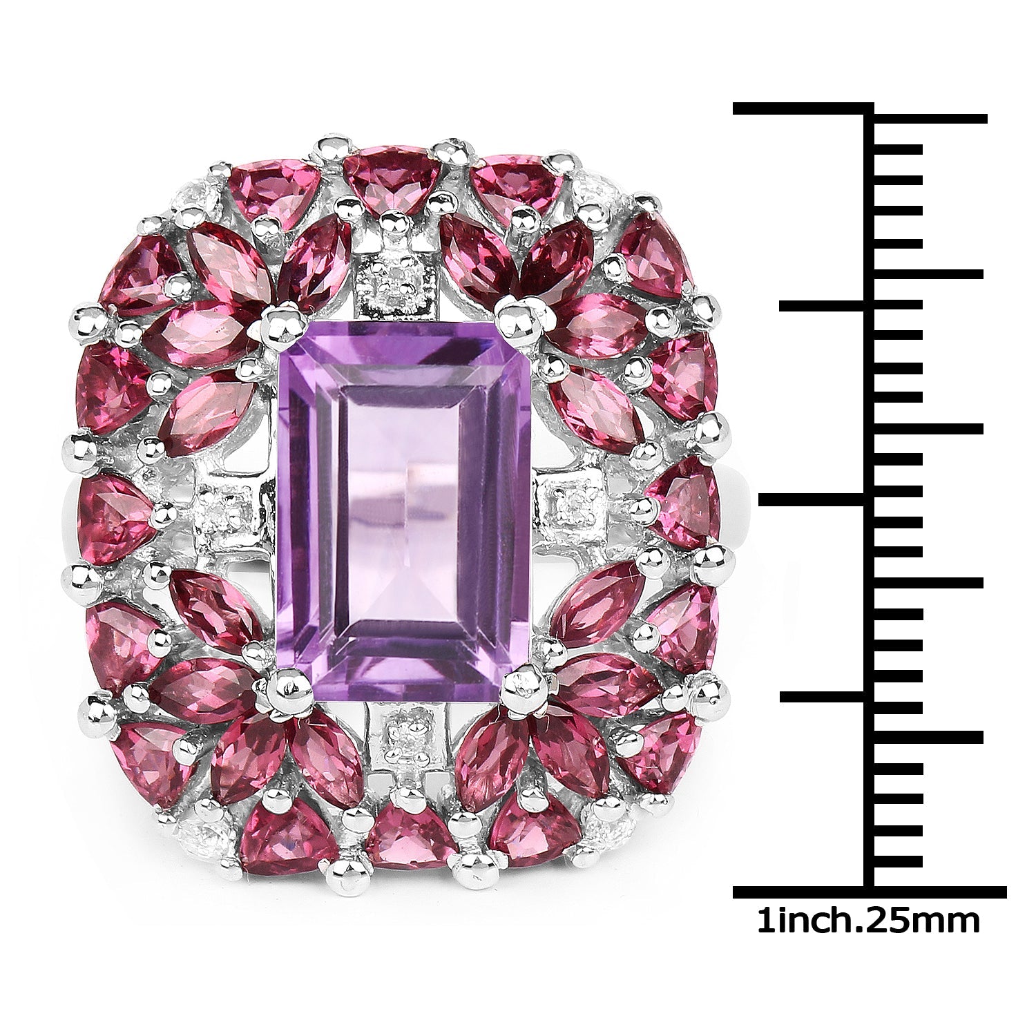 7.59 Carat Genuine Pink Amethyst, Rhodolite, and White Topaz .925 Sterling Silver Ring