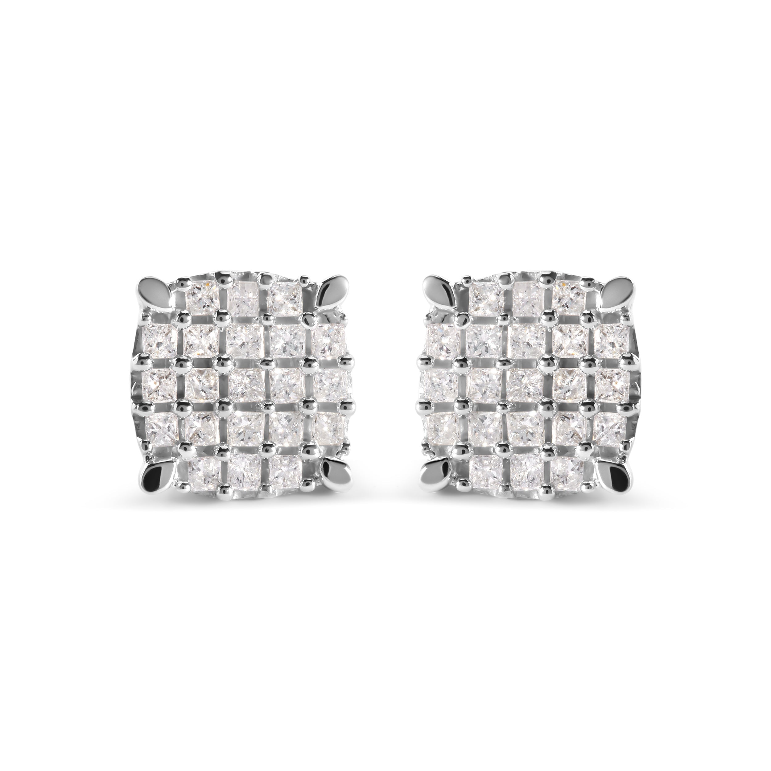 10K White Gold 3/4 Cttw Princess Diamond Composite Cushion Shape Stud Earrings (I-J Color, I1-I2 Clarity)