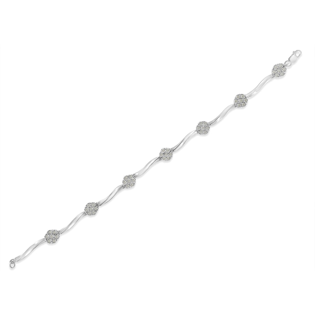 .925 Sterling Silver 1.0 Cttw Diamond Cluster Miracle-Set Station & Twisted Bar 7" Tennis Bracelet (H-I Color, I1-I2 Clarity)