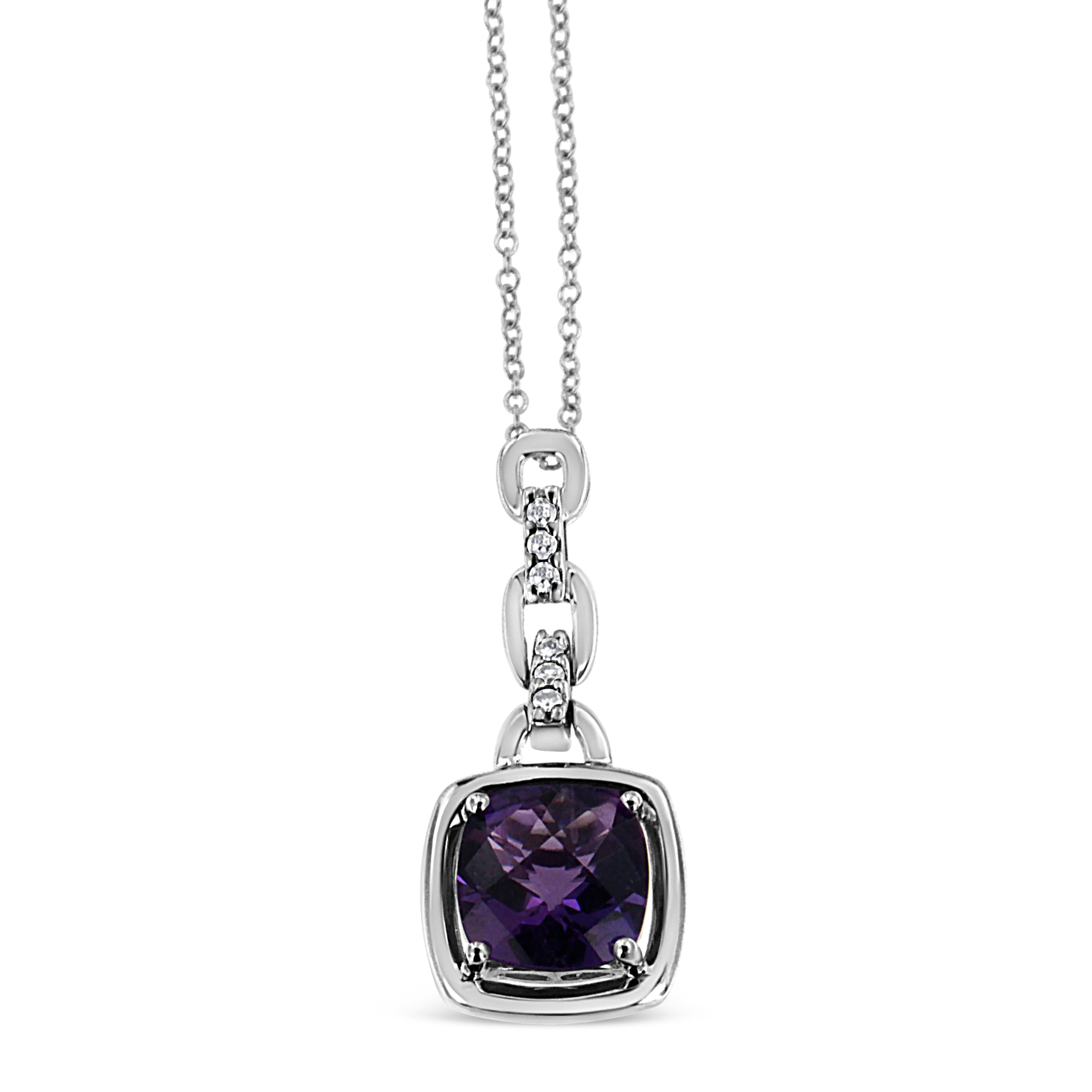 .925 Sterling Silver 6x6MM Cushion Shaped Natural Purple Amethyst and Diamond Accented Bail 18" Inch Pendant Necklace (I-J Color, I1-I2 Clarity)