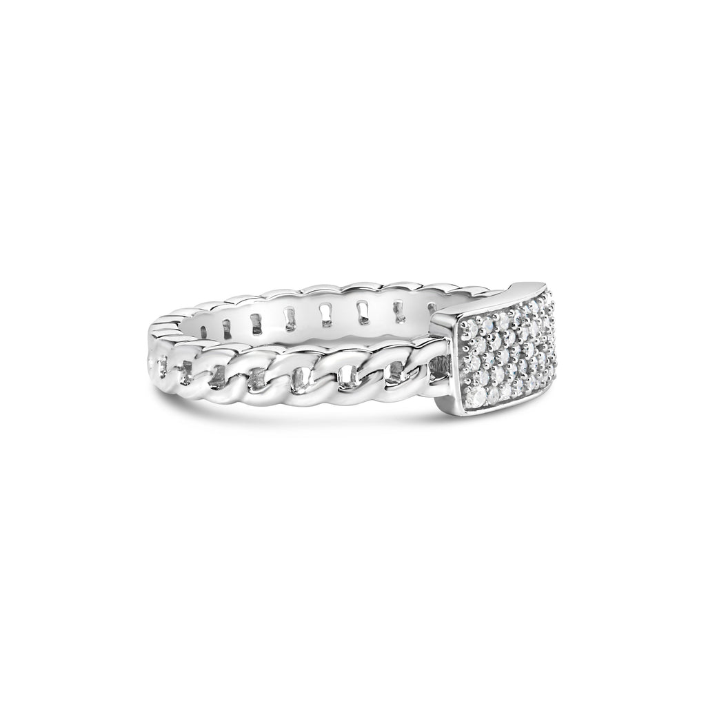 .925 Sterling Silver 1/5 Carat Total Weight Diamond ID and Cuban Link Band Ring (I-J Color, I2-I3 Clarity) - Ring Size 6
