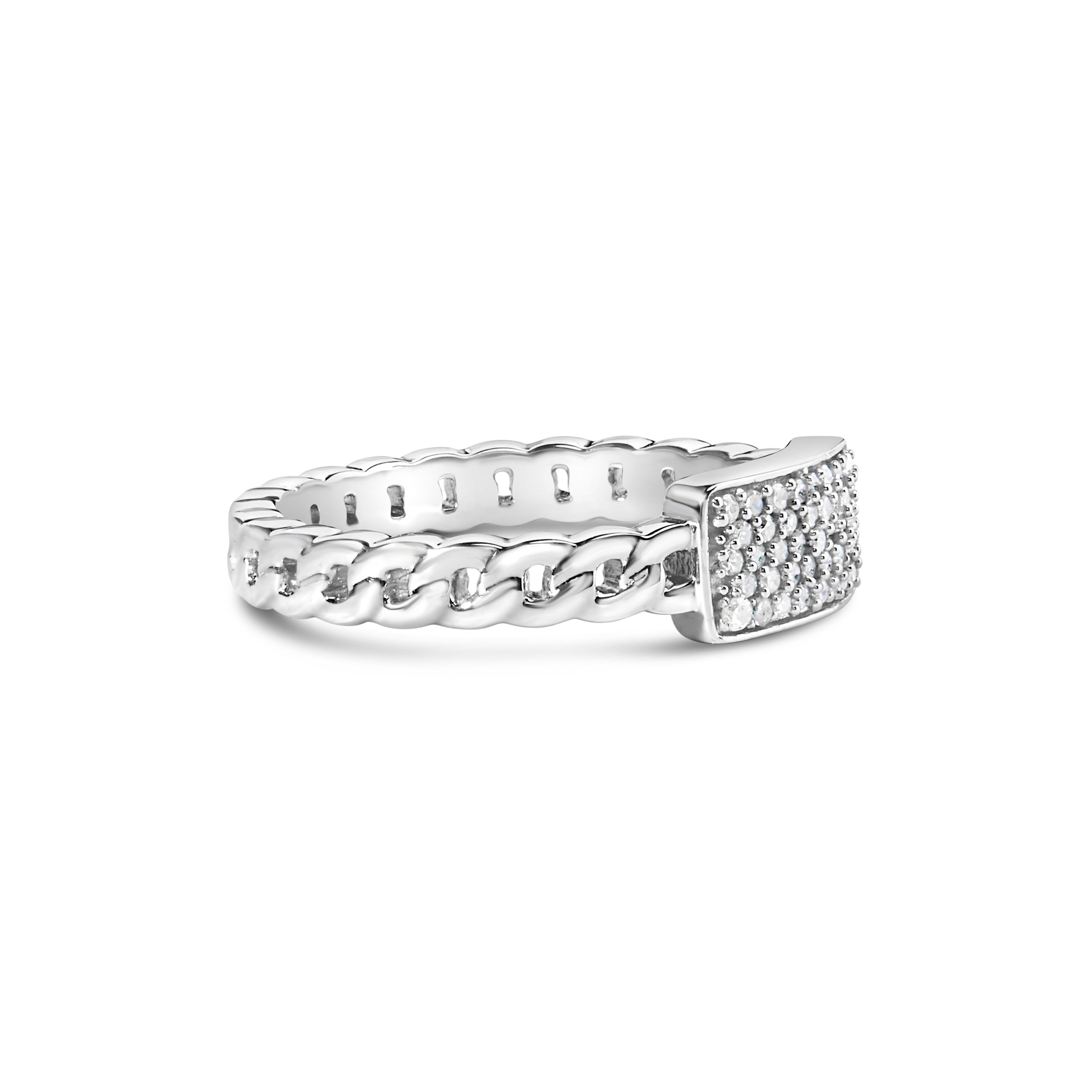 .925 Sterling Silver 1/5 Carat Total Weight Diamond ID and Cuban Link Band Ring (I-J Color, I2-I3 Clarity) - Ring Size 6