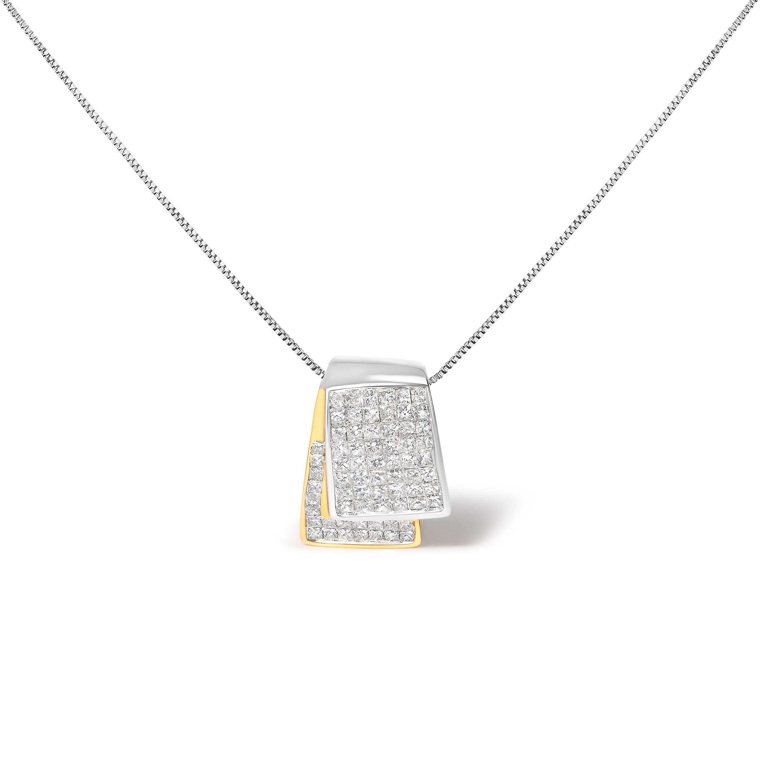 14K White and Yellow Gold 2.0 Cttw Princess Cut Diamond Two Tone Foldover Box Pendant 18" Box Chain Necklace (H-I Color, SI1-SI2 Clarity)
