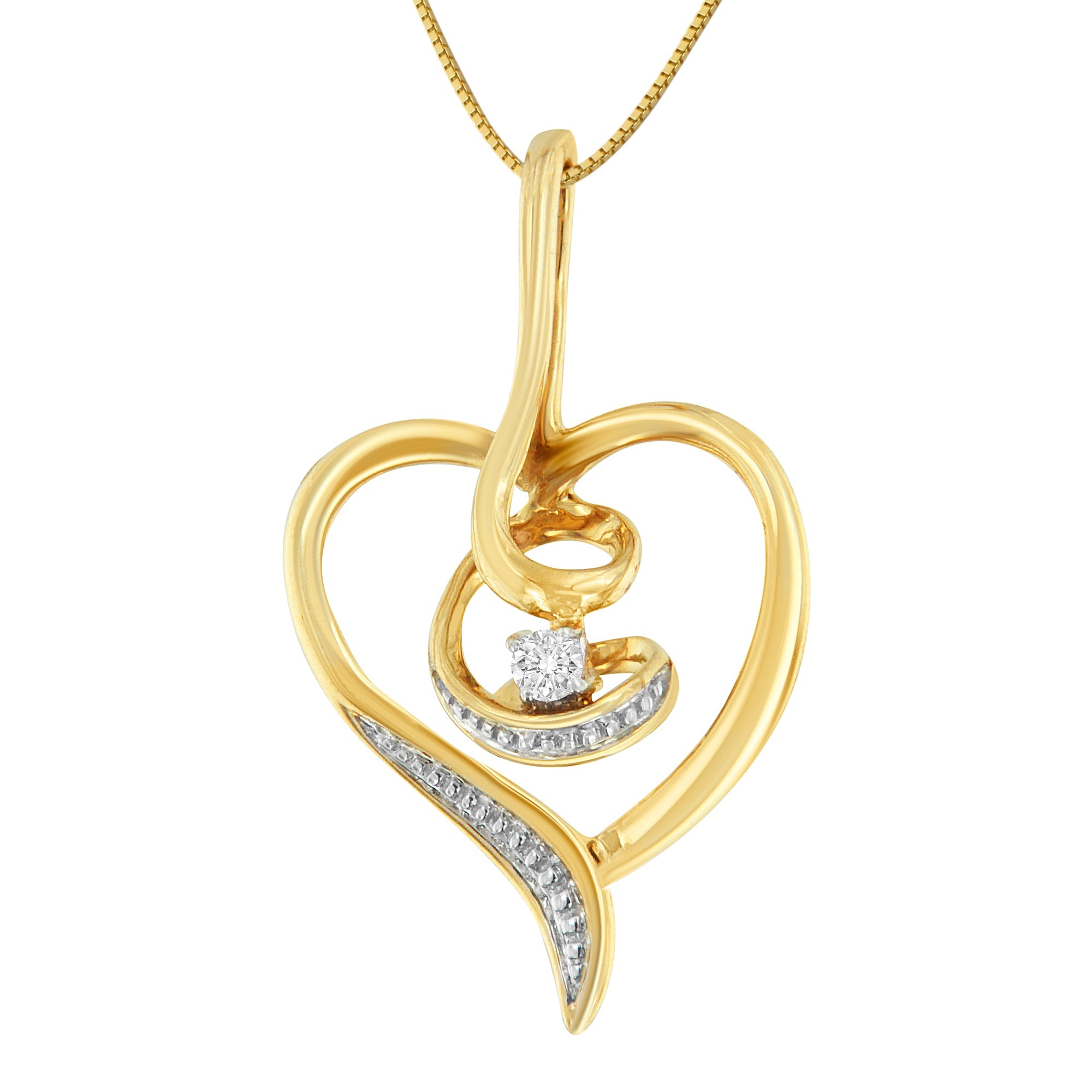 Espira 10K Yellow Gold .03 Carat Total Weight Diamond-Accented Round-Cut Diamond Swirl Open Heart 18" Pendant Necklace (I-J Color, I2-I3 Clarity)