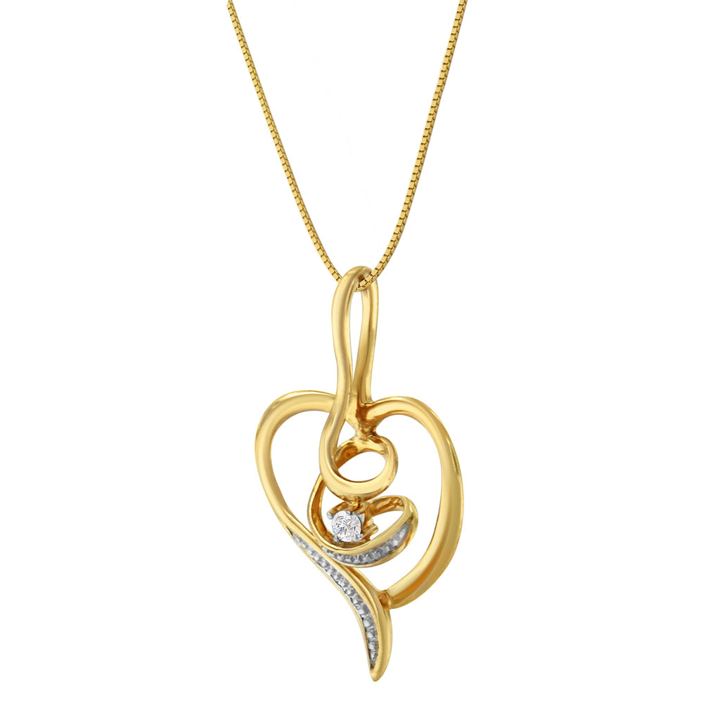 Espira 10K Yellow Gold .03 Carat Total Weight Diamond-Accented Round-Cut Diamond Swirl Open Heart 18" Pendant Necklace (I-J Color, I2-I3 Clarity)