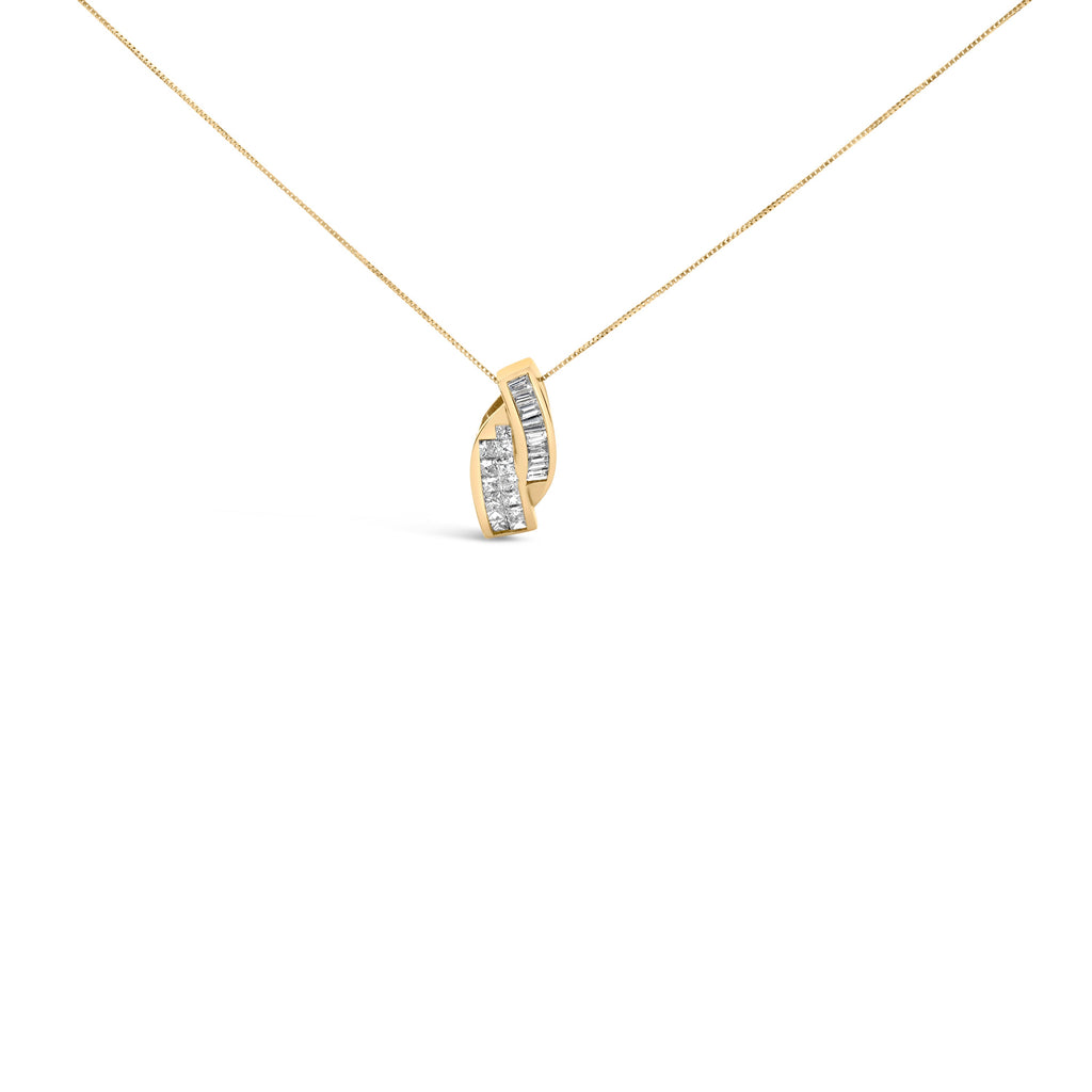 14k Yellow Gold 1 1/3 Carat Total Weight Princess and Baguette-cut Diamond Double Curved Pendant Necklace (H-I Color, VS1-VS2 Clarity) - NO CHAIN INCLUDED