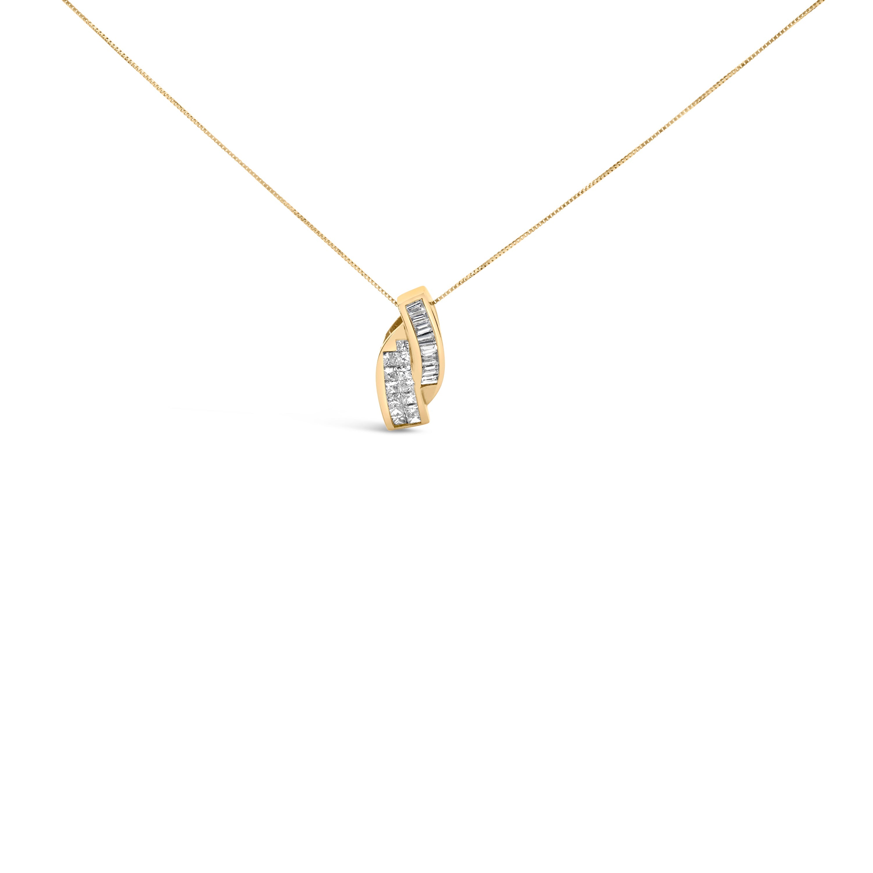 14k Yellow Gold 1 1/3 Carat Total Weight Princess and Baguette-cut Diamond Double Curved Pendant Necklace (H-I Color, VS1-VS2 Clarity) - NO CHAIN INCLUDED
