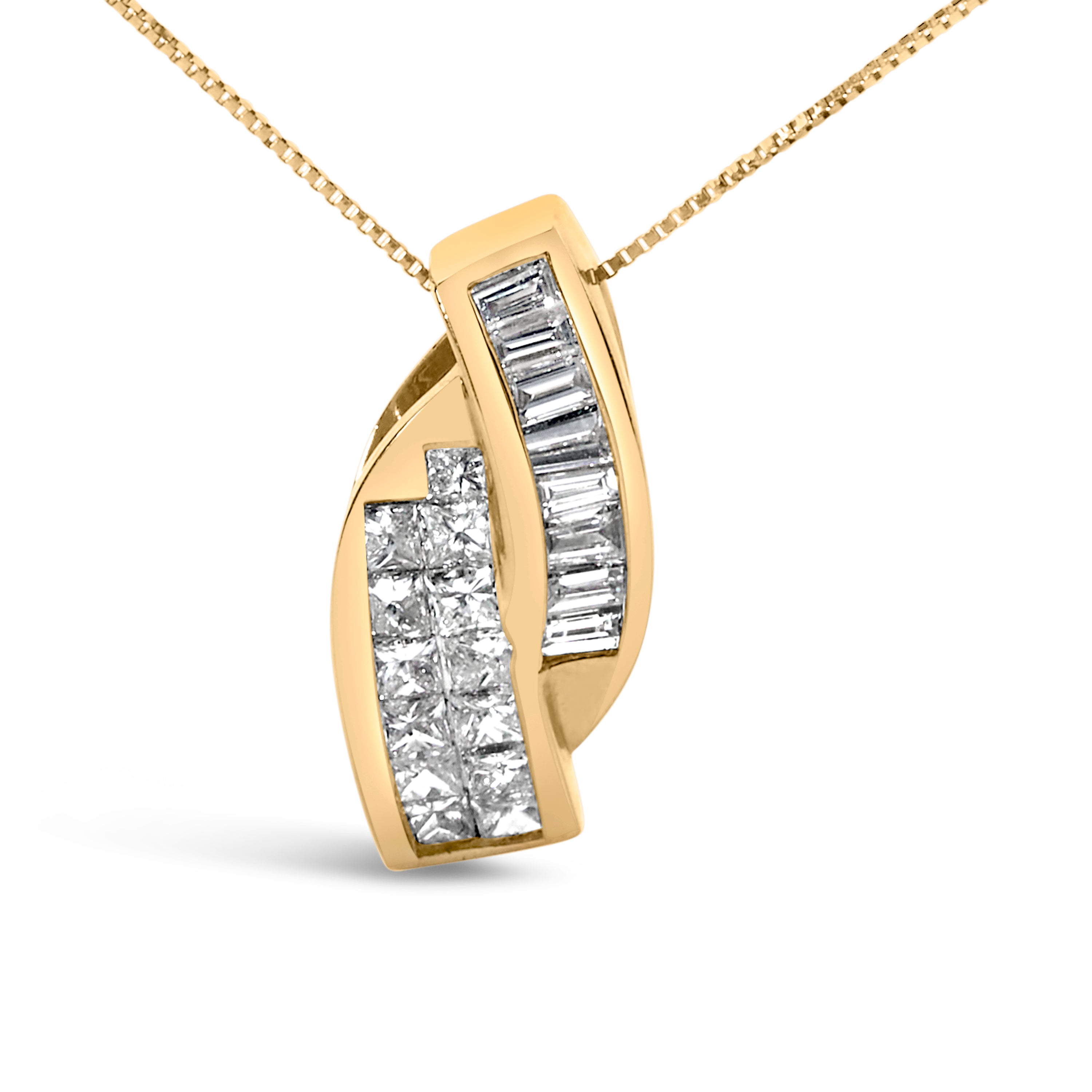 14k Yellow Gold 1 1/3 Carat Total Weight Princess and Baguette-cut Diamond Double Curved Pendant Necklace (H-I Color, VS1-VS2 Clarity) - NO CHAIN INCLUDED