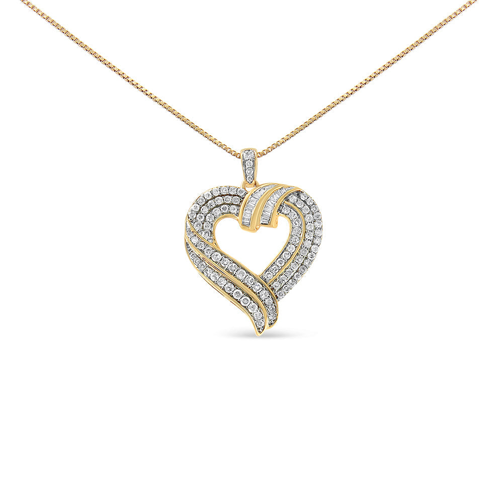 14K Yellow Gold Plated .925 Sterling Silver 1.00 Carat Total Weight Baguette Diamond Composite Open Heart 18" Inch Pendant Necklace (I-J Color, I1-I2 Clarity)