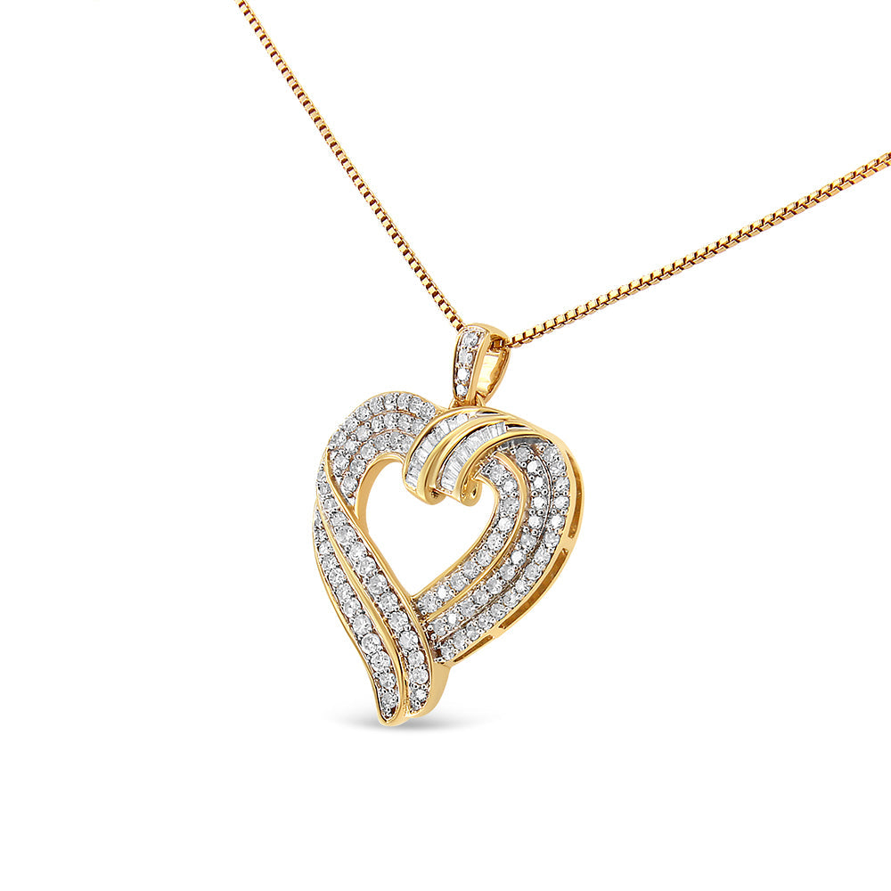 14K Yellow Gold Plated .925 Sterling Silver 1.00 Carat Total Weight Baguette Diamond Composite Open Heart 18" Inch Pendant Necklace (I-J Color, I1-I2 Clarity)