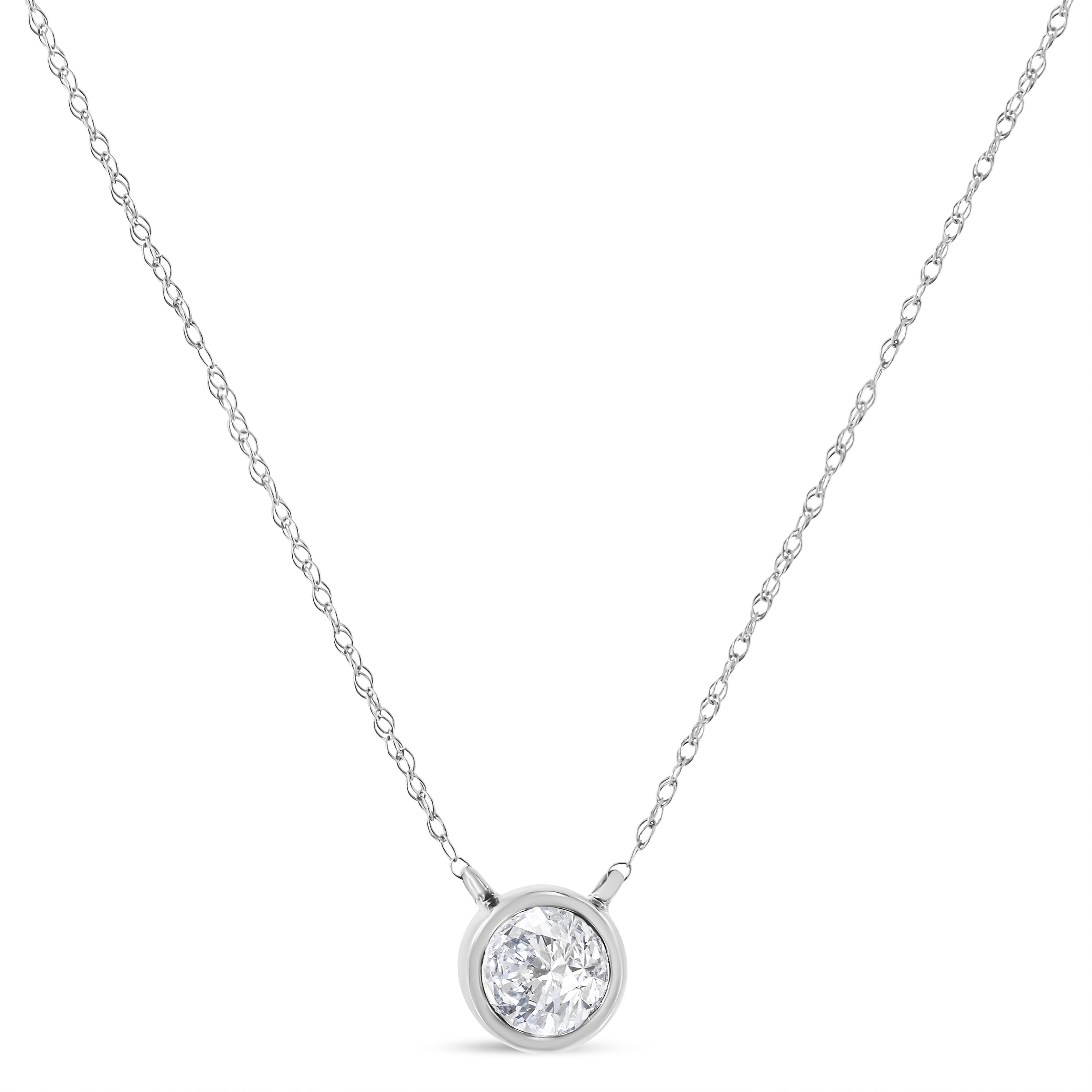 AGS Certified 10K White Gold 1/3 Cttw Bezel Set Round Diamond Solitaire 16-18" Adjustable Pendant Necklace (I-J Color, SI1-SI2 Clarity)