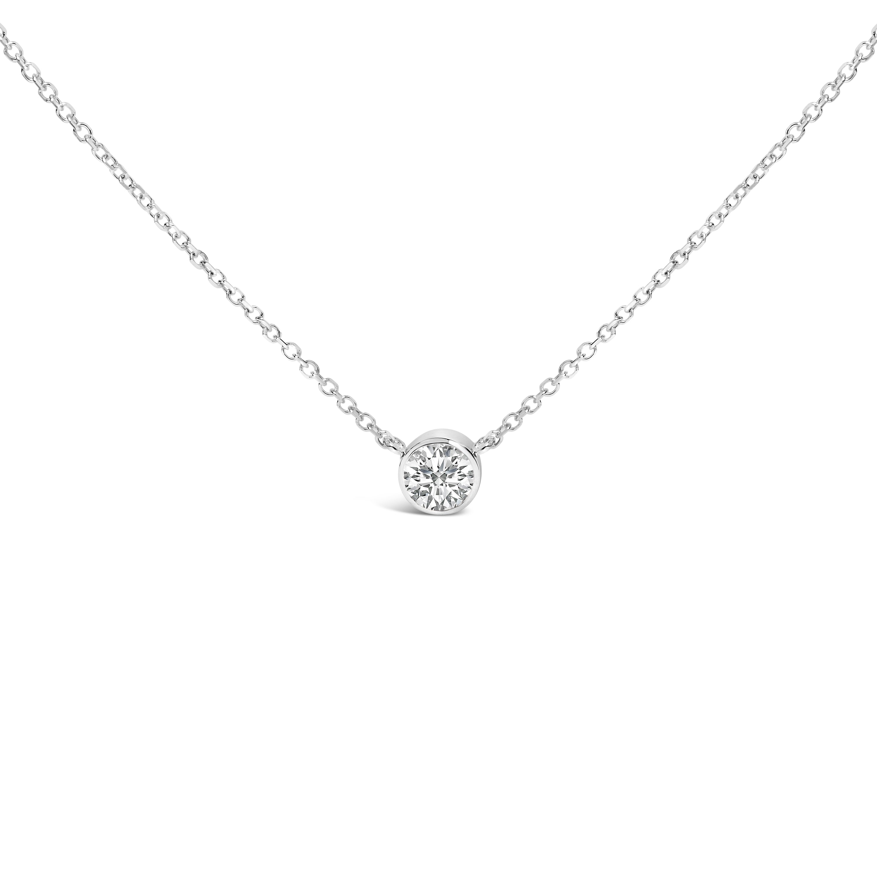 14K White Gold 1.00 Carat Total Weight Bezel Set Round Lab-Grown Diamond Solitaire 18" Pendant Necklace (F-G Color, VS1-VS2 Clarity)