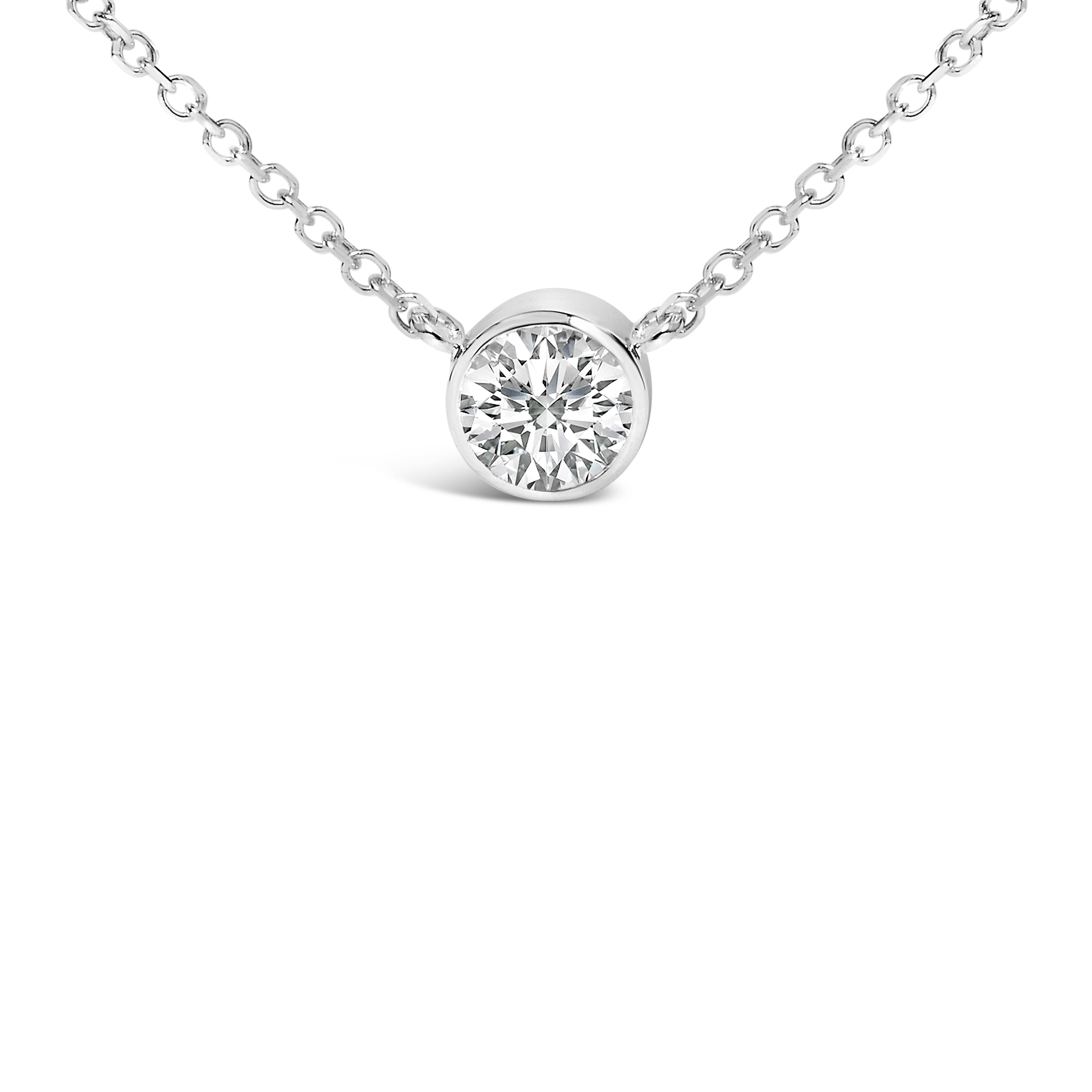14K White Gold 1.00 Carat Total Weight Bezel Set Round Lab-Grown Diamond Solitaire 18" Pendant Necklace (F-G Color, VS1-VS2 Clarity)
