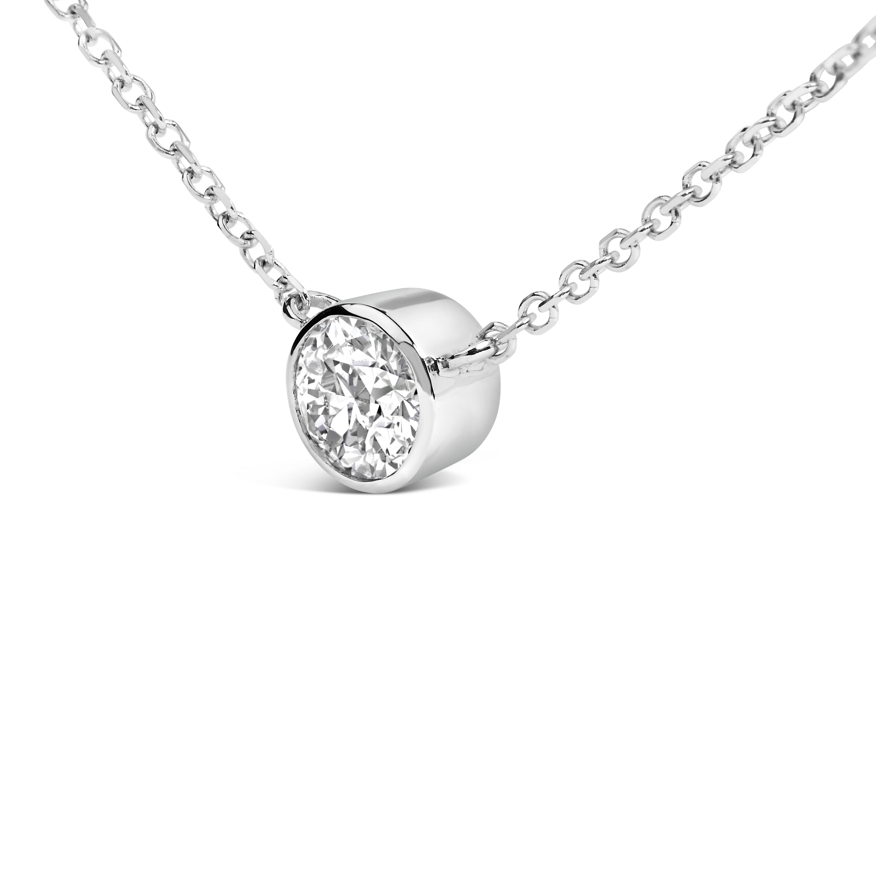 14K White Gold 1.00 Carat Total Weight Bezel Set Round Lab-Grown Diamond Solitaire 18" Pendant Necklace (F-G Color, VS1-VS2 Clarity)