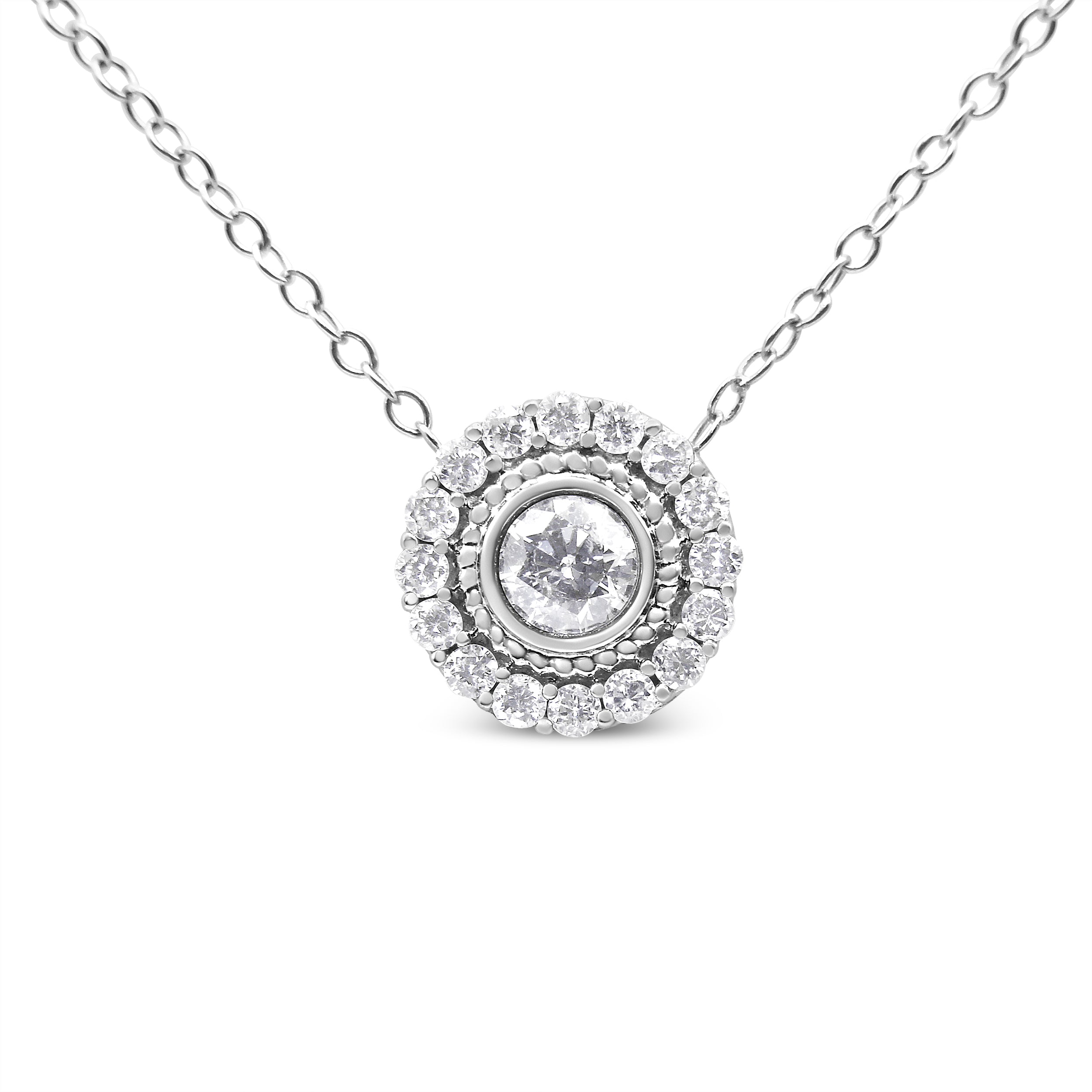 .925 Sterling Silver 1/2 Carat Total Weight Round Diamond Halo Circle Pendant 18" Necklace (I-J Color, I2-I3 Clarity)
