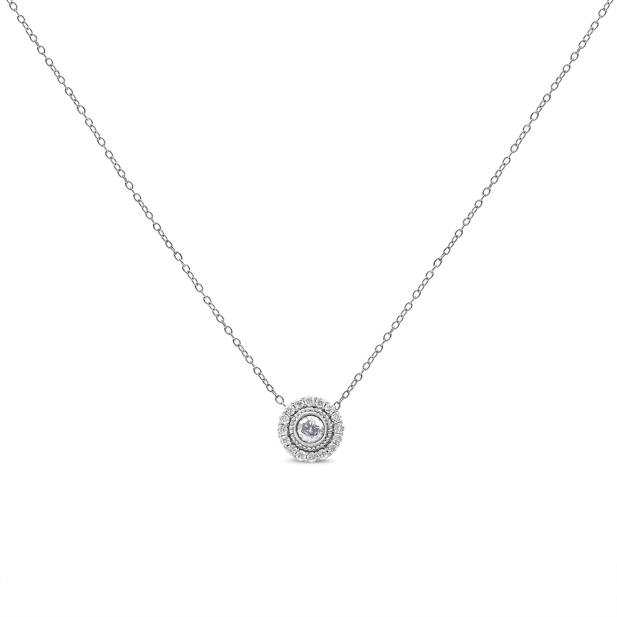 .925 Sterling Silver 1/2 Carat Total Weight Round Diamond Halo Circle Pendant 18" Necklace (I-J Color, I2-I3 Clarity)