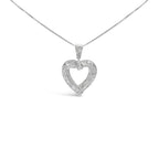 .925 Sterling Silver 1.00 Cttw Baguette and Round Diamond Open Heart Pendant Necklace