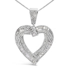 .925 Sterling Silver 1.00 Cttw Baguette and Round Diamond Open Heart Pendant Necklace