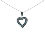 .925 Sterling Silver 1.00 Cttw Baguette and Round Blue Diamond Open Heart Pendant Necklace