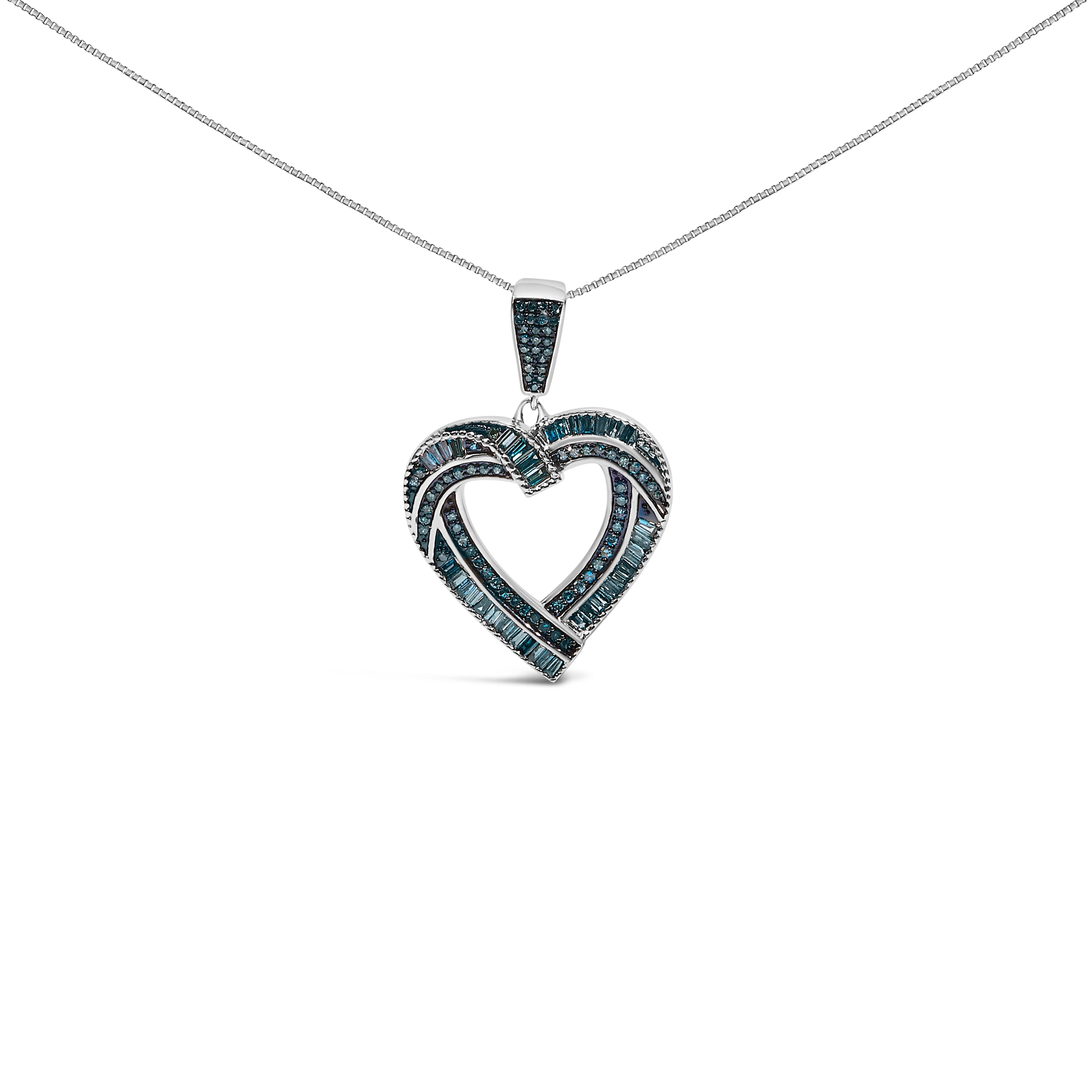 .925 Sterling Silver 1.00 Cttw Baguette and Round Blue Diamond Open Heart Pendant Necklace