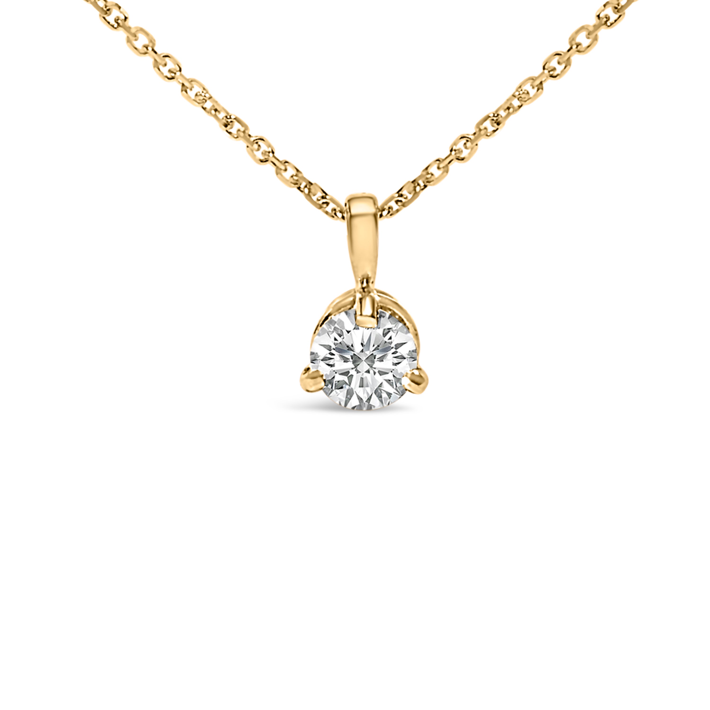 14K Yellow Gold 3/8 Carat Total Weight 3 Prong Martini Set Round Diamond Solitaire Pendant Necklace (G-H Color, SI2-I1 Clarity) - 18" Inches