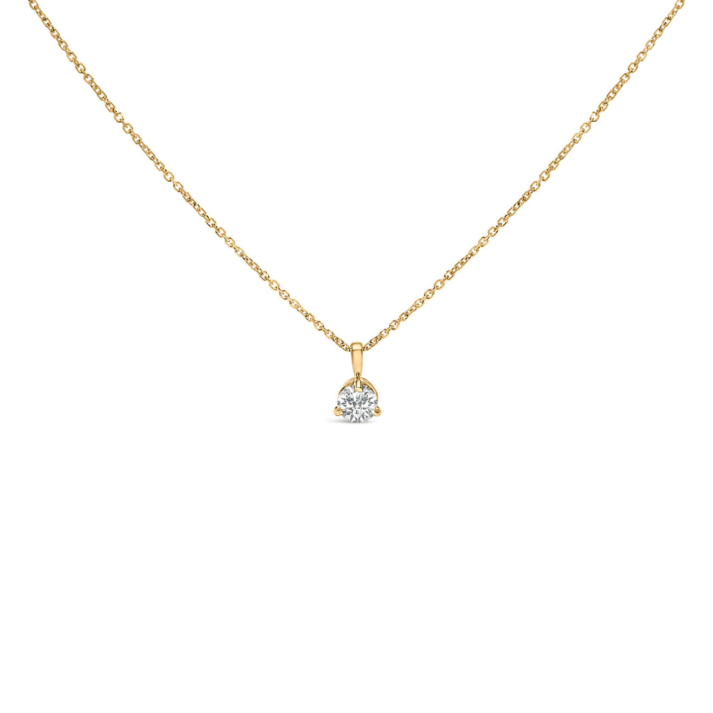 14K Yellow Gold 3/8 Carat Total Weight 3 Prong Martini Set Round Diamond Solitaire Pendant Necklace (G-H Color, SI2-I1 Clarity) - 18" Inches