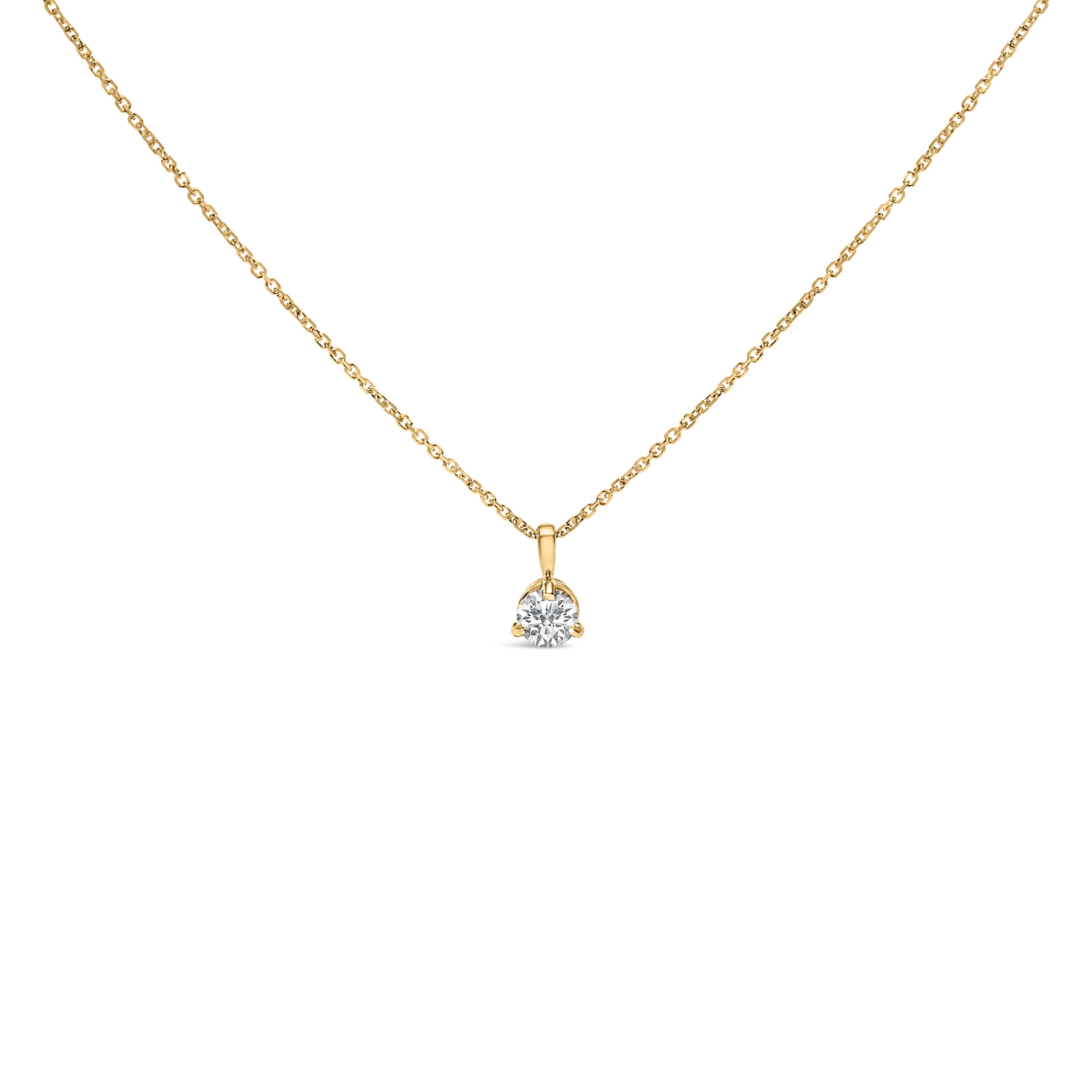 14K Yellow Gold 3/8 Carat Total Weight 3 Prong Martini Set Round Diamond Solitaire Pendant Necklace (G-H Color, SI2-I1 Clarity) - 18" Inches
