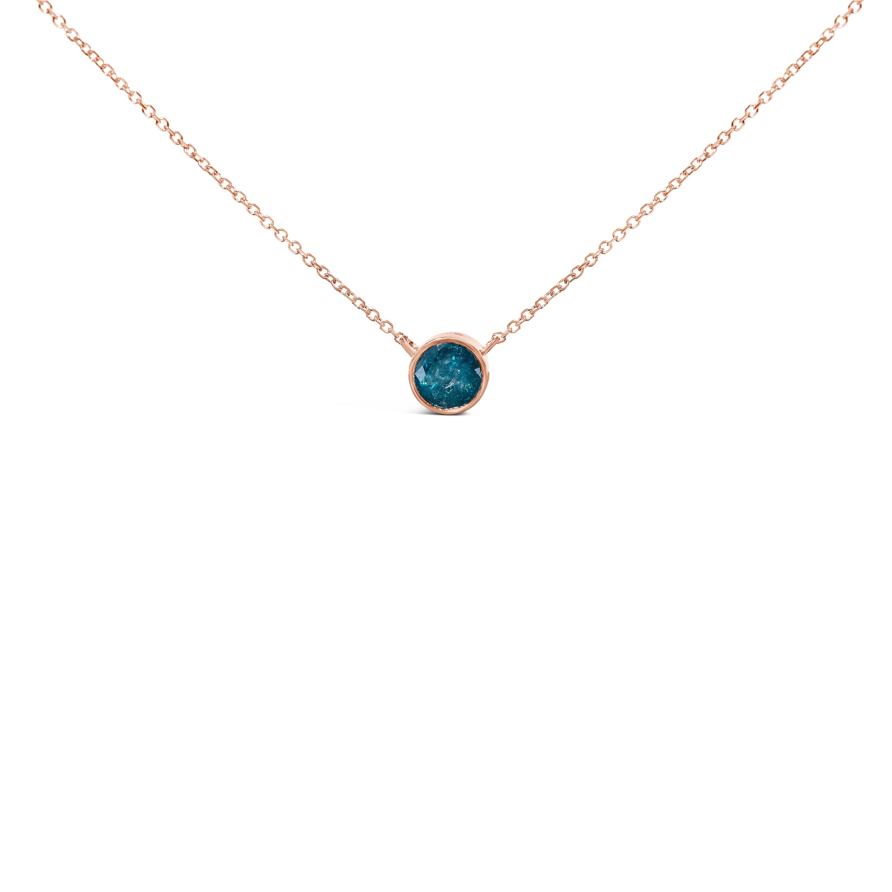 14K Rose Gold 2.0 Cttw Bezel Set Blue Diamond Solitaire Pendant Necklace - 18" Inches