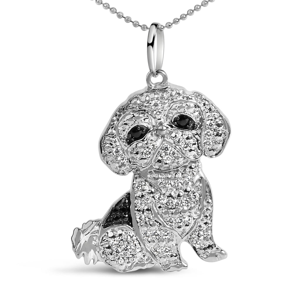 .925 Sterling Silver 1/2 Carat Total Weight White and Black Diamond Shih Tzu Dog 18" Pendant Necklace (I-J Color, I2-I3 Clarity)