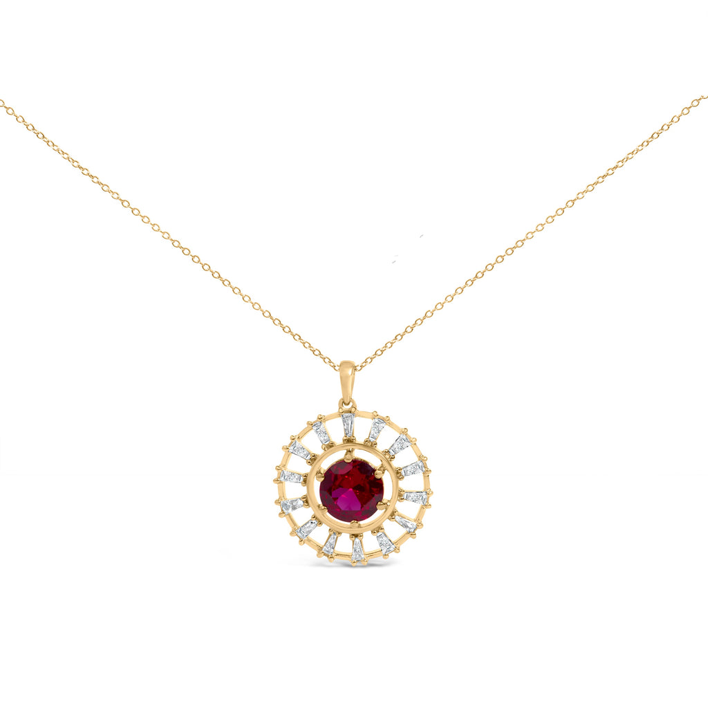 14K Yellow Gold Plated Silver Lab Grown Ruby and 5/8 Cttw Baguette Diamond Medallion Pendant Necklace
