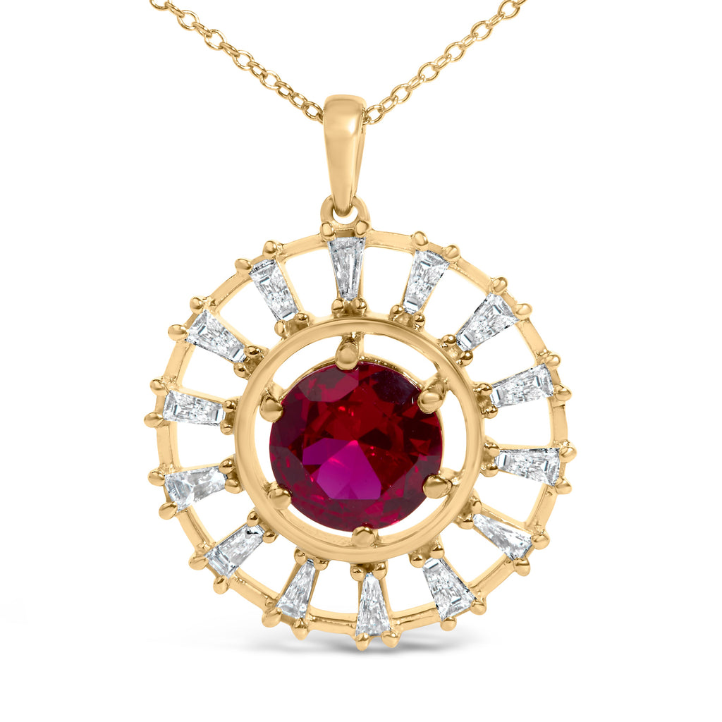 14K Yellow Gold Plated Silver Lab Grown Ruby and 5/8 Cttw Baguette Diamond Medallion Pendant Necklace