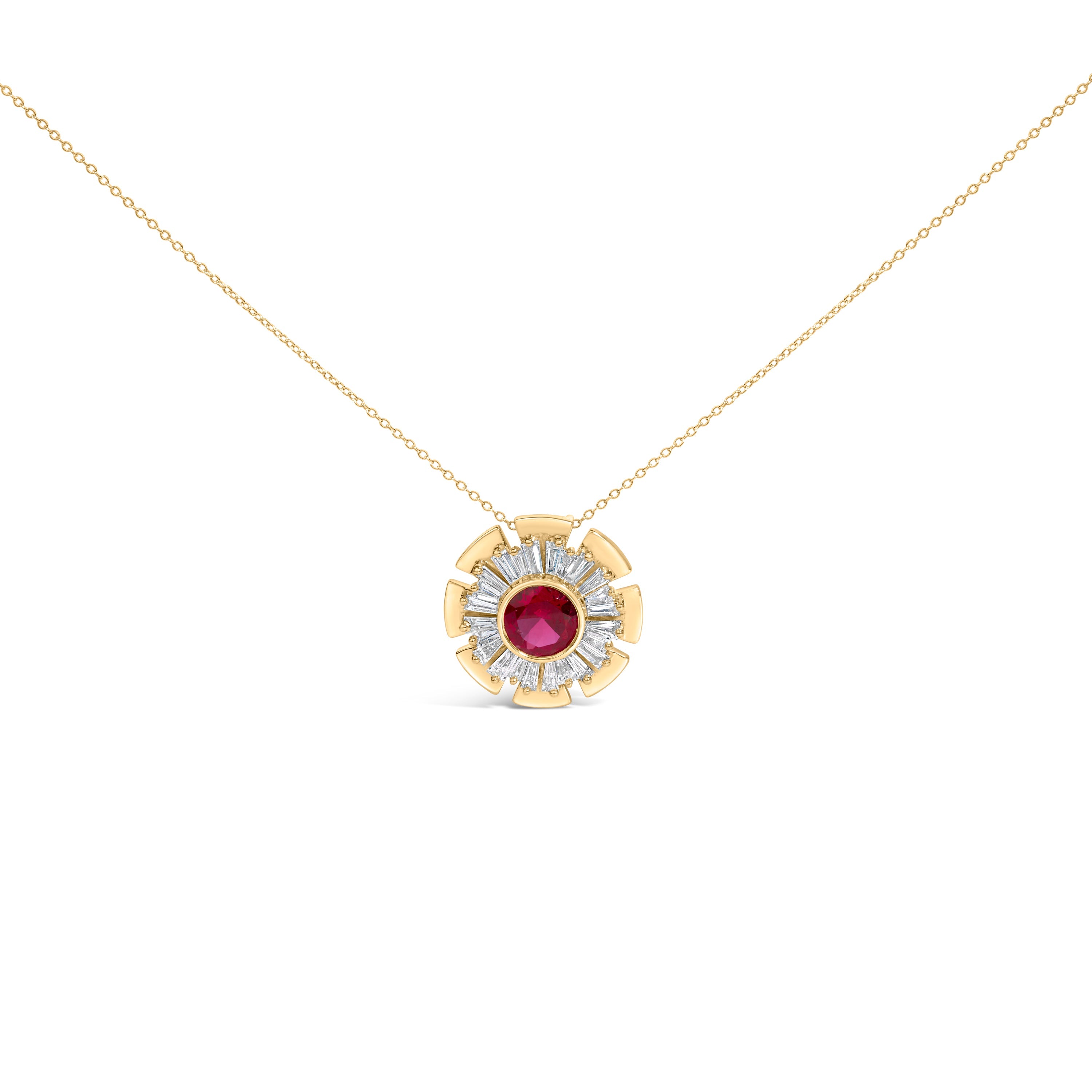 14K Yellow Gold Plated Silver Created Red Ruby and Diamond Baguette Medallion Pendant Necklace
