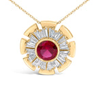 14K Yellow Gold Plated Silver Created Red Ruby and Diamond Baguette Medallion Pendant Necklace