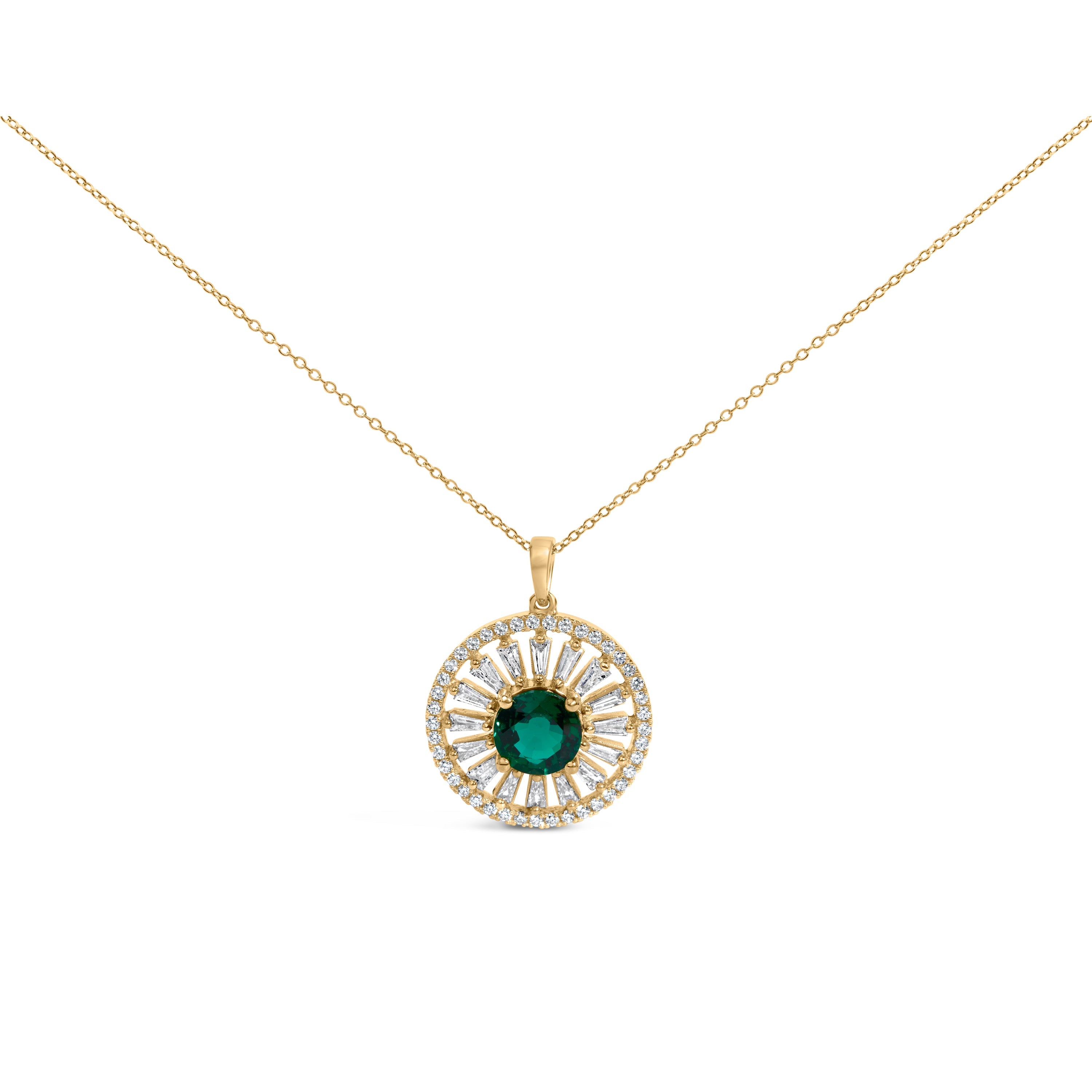 14K Yellow Gold Plated Sterling Silver Lab Grown Emerald and Diamond Sunburst Medallion Pendant Necklace