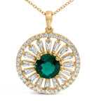 14K Yellow Gold Plated Sterling Silver Lab Grown Emerald and Diamond Sunburst Medallion Pendant Necklace