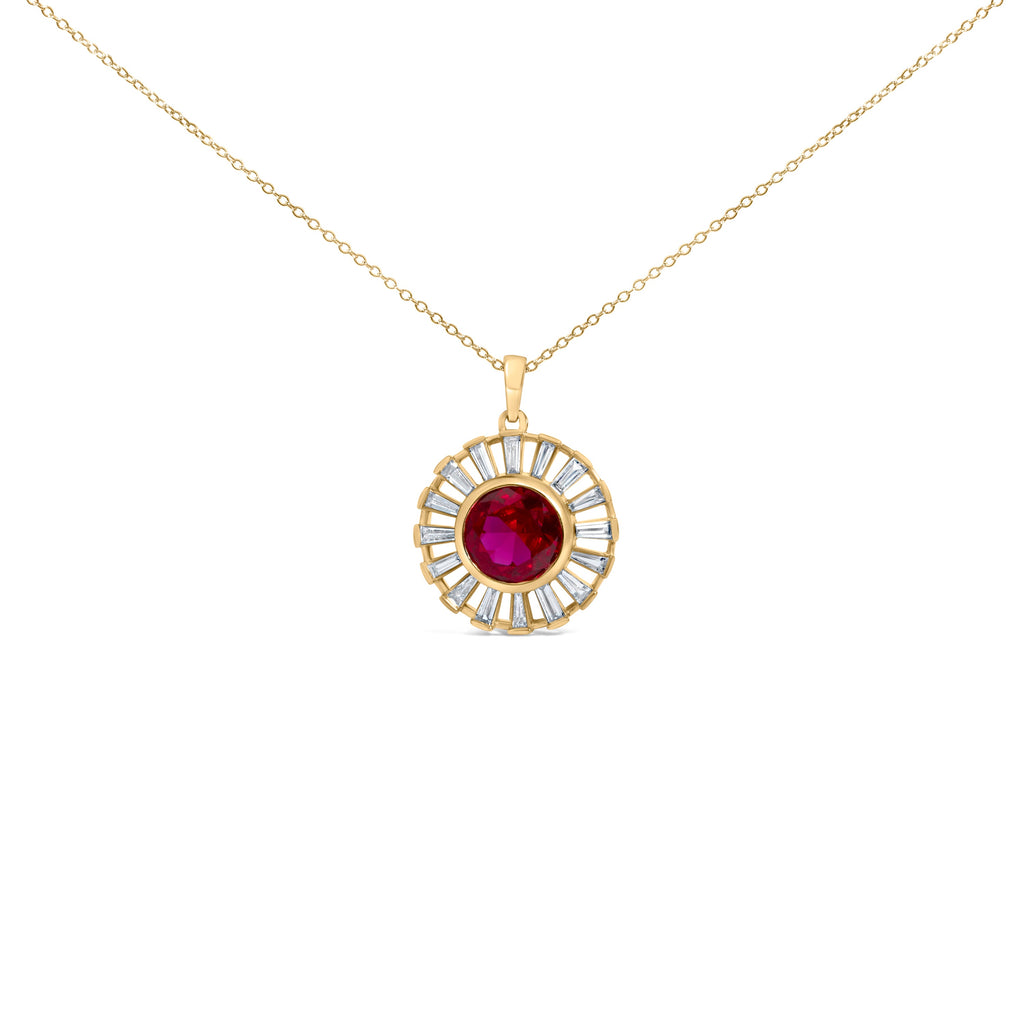 14K Yellow Gold Plated Silver Created Red Ruby and Baguette Diamond Sunburst Medallion Pendant Necklace