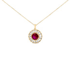 14K Yellow Gold Plated Silver Created Red Ruby and Baguette Diamond Sunburst Medallion Pendant Necklace