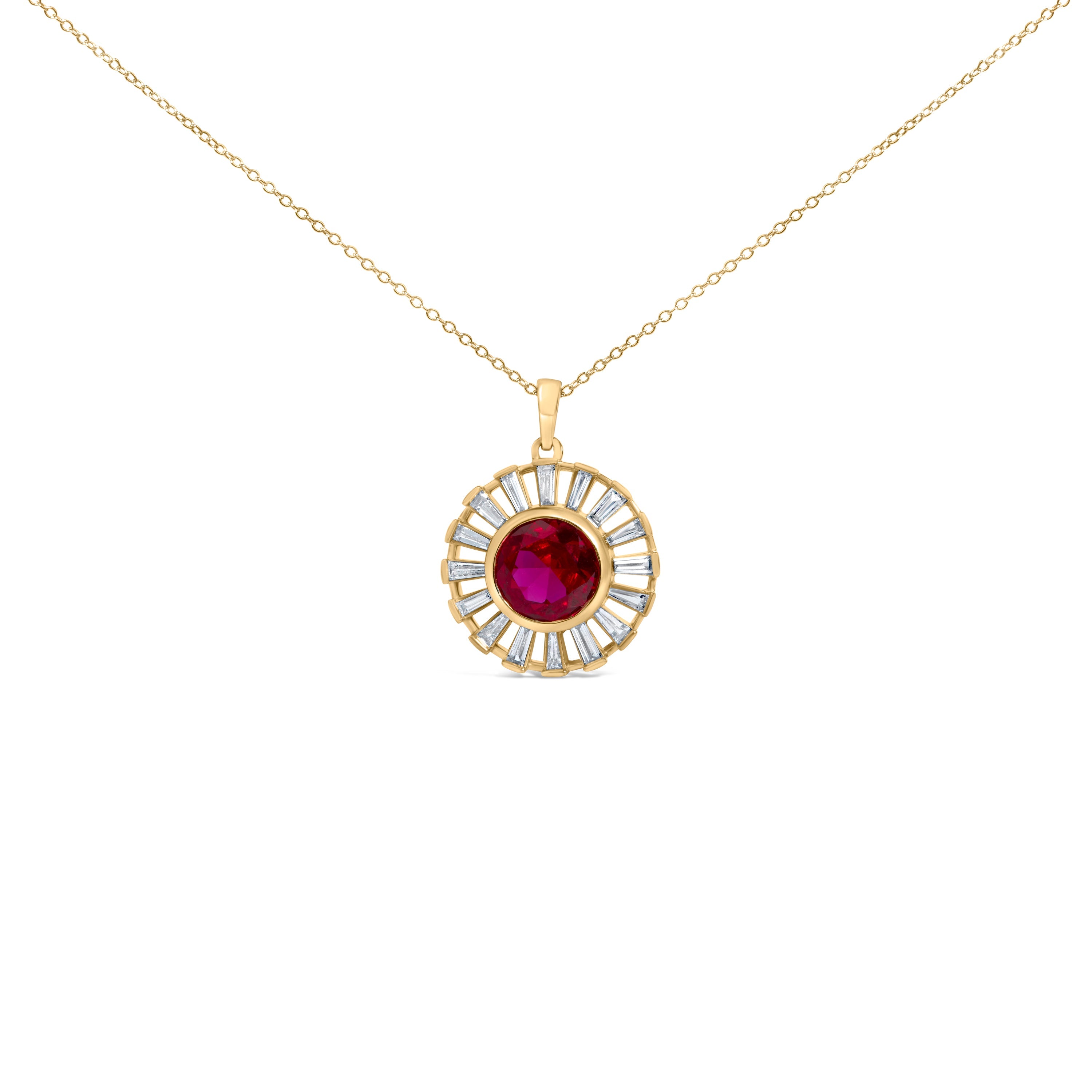 14K Yellow Gold Plated Silver Created Red Ruby and Baguette Diamond Sunburst Medallion Pendant Necklace