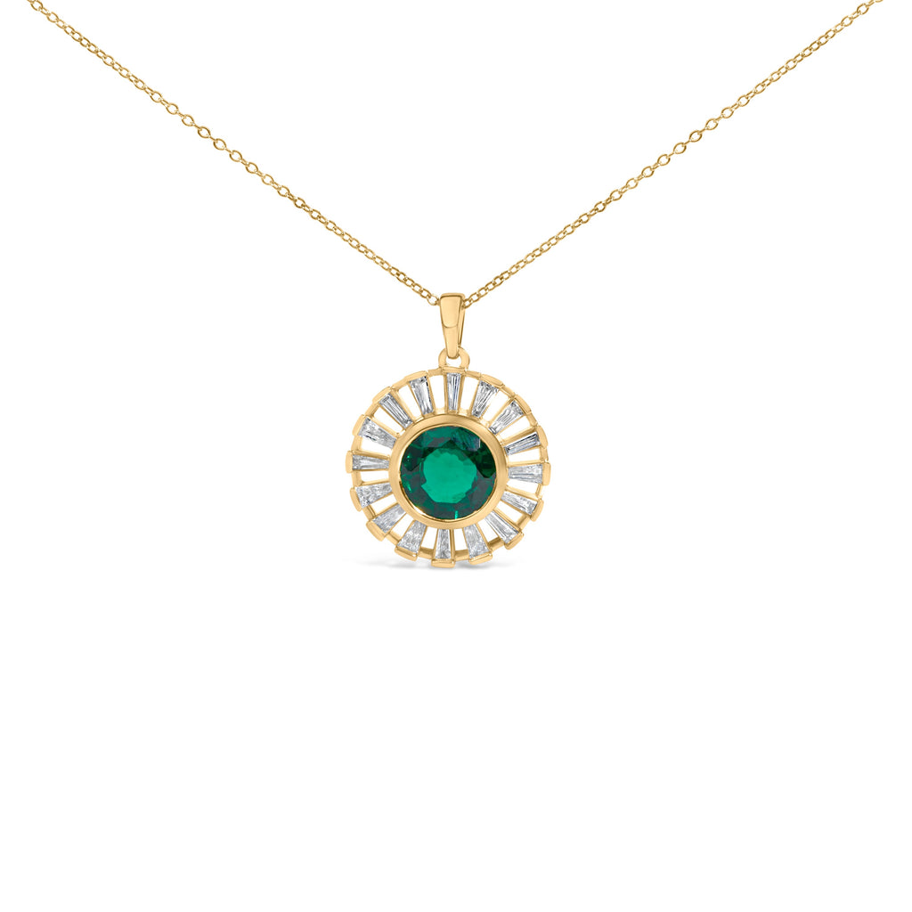 14K Yellow Gold Plated Sterling Silver Lab Grown Emerald and Baguette Diamond Sunburst Medallion Pendant Necklace