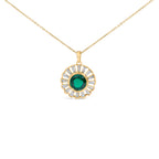 14K Yellow Gold Plated Sterling Silver Lab Grown Emerald and Baguette Diamond Sunburst Medallion Pendant Necklace